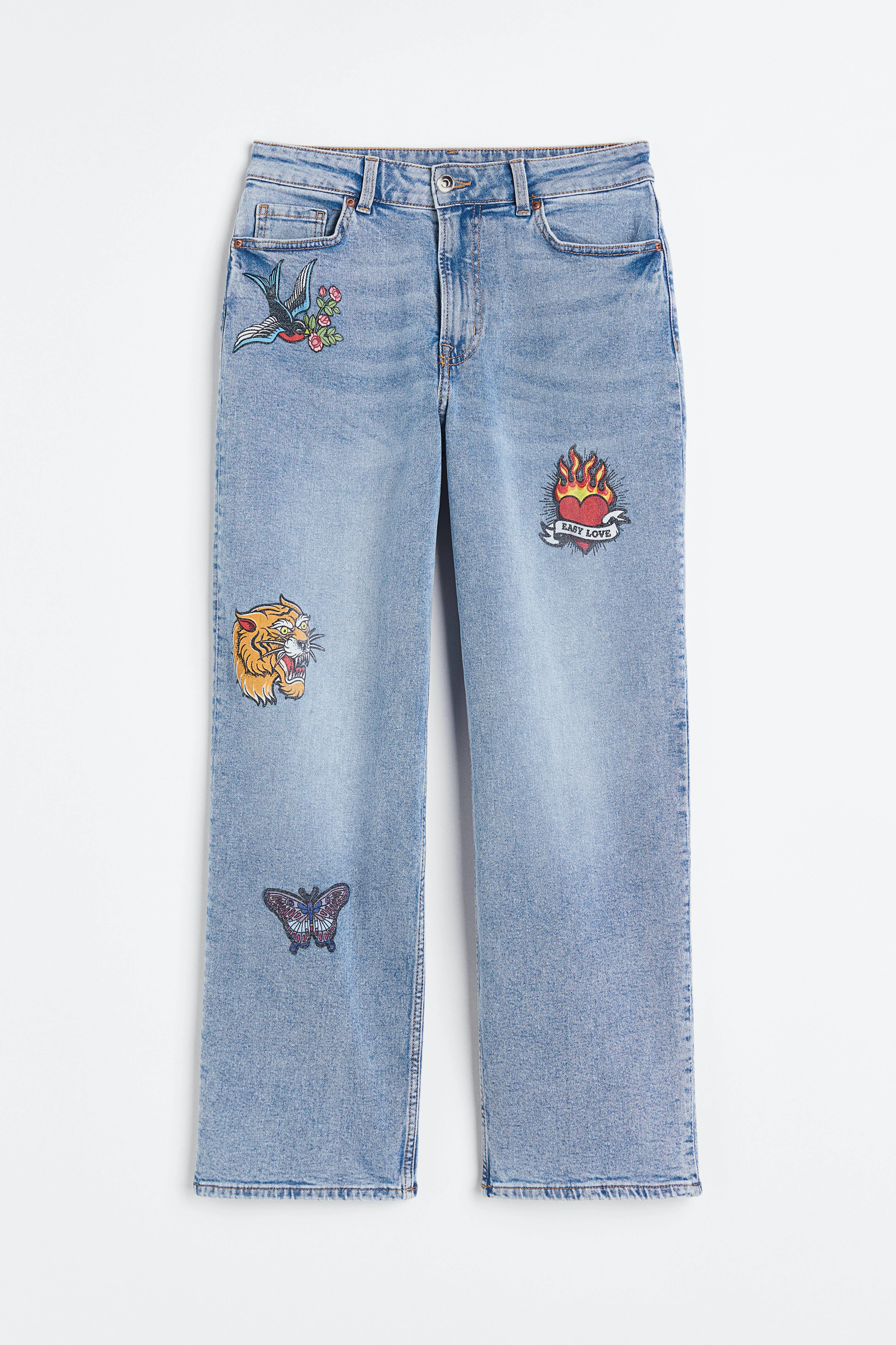 90s Mom Jeans - Regular waist - Ankle length - Light denim blue/Butterflies - Ladies | H&M GB