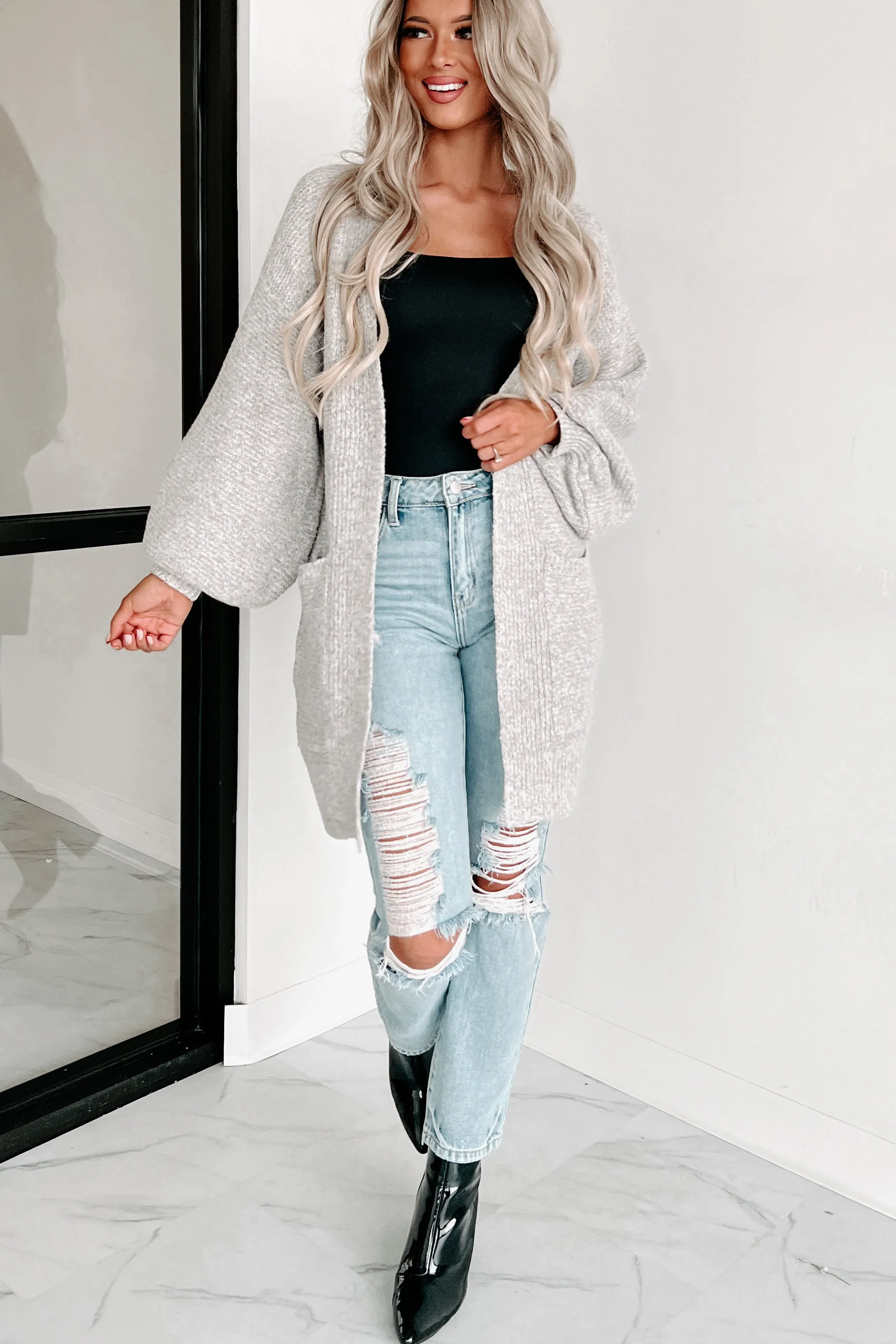 Anticipating This Moment Open Front Cardigan (Grey/Mocha)