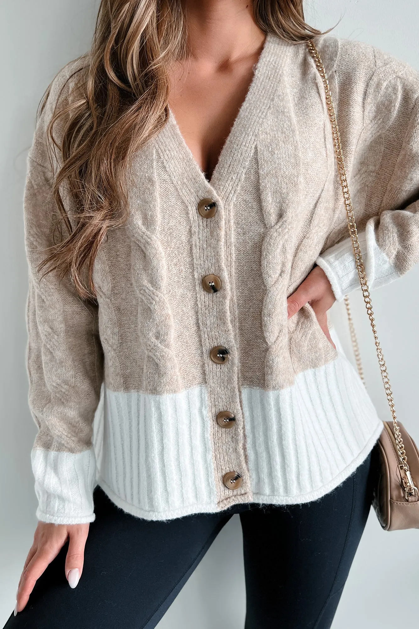 Anything Is Possible Mixed Knit Colorblock Cardigan (Taupe/White)