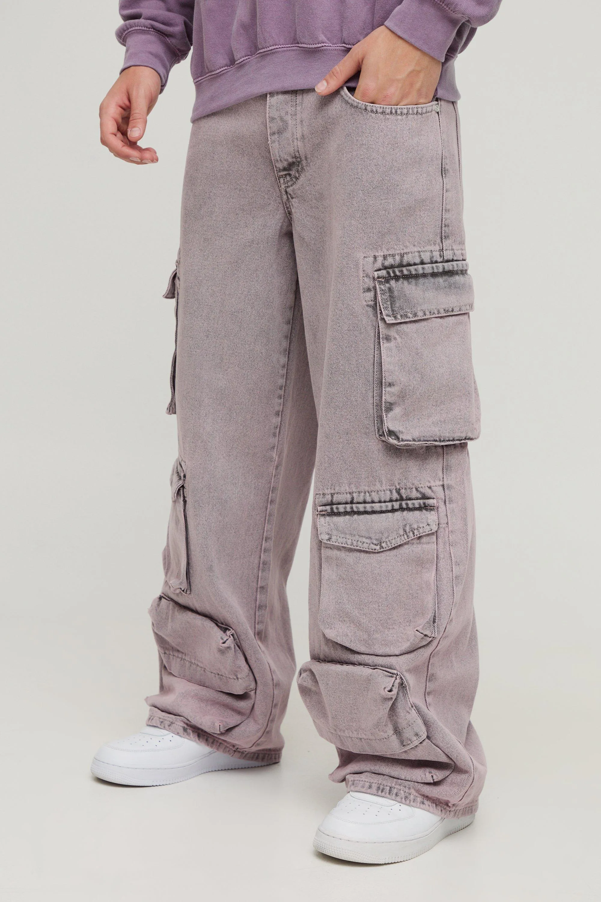 Baggy Rigid Pink Tinted Multi Pocket Cargo Denim Jeans