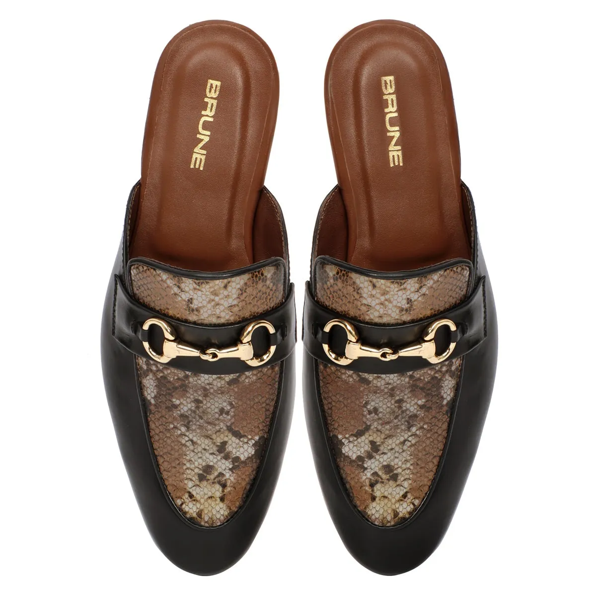 Black Leather Horsebit Buckle Mules With Snake Print Leather at Vamp (Summer Special)by Brune & Bareskin