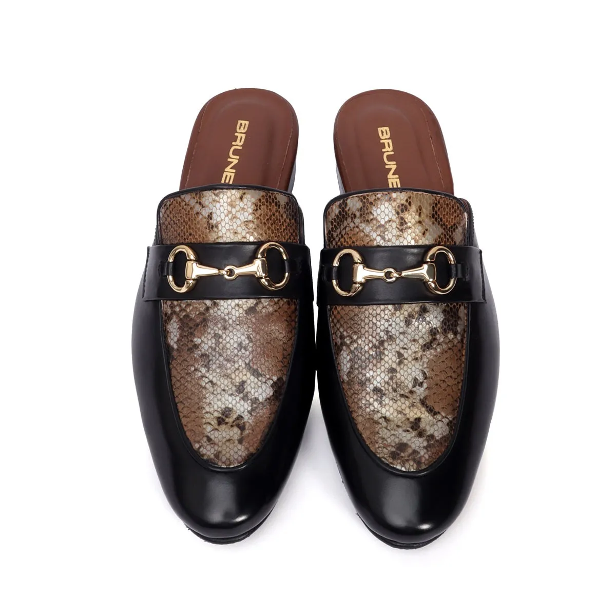 Black Leather Horsebit Buckle Mules With Snake Print Leather at Vamp (Summer Special)by Brune & Bareskin