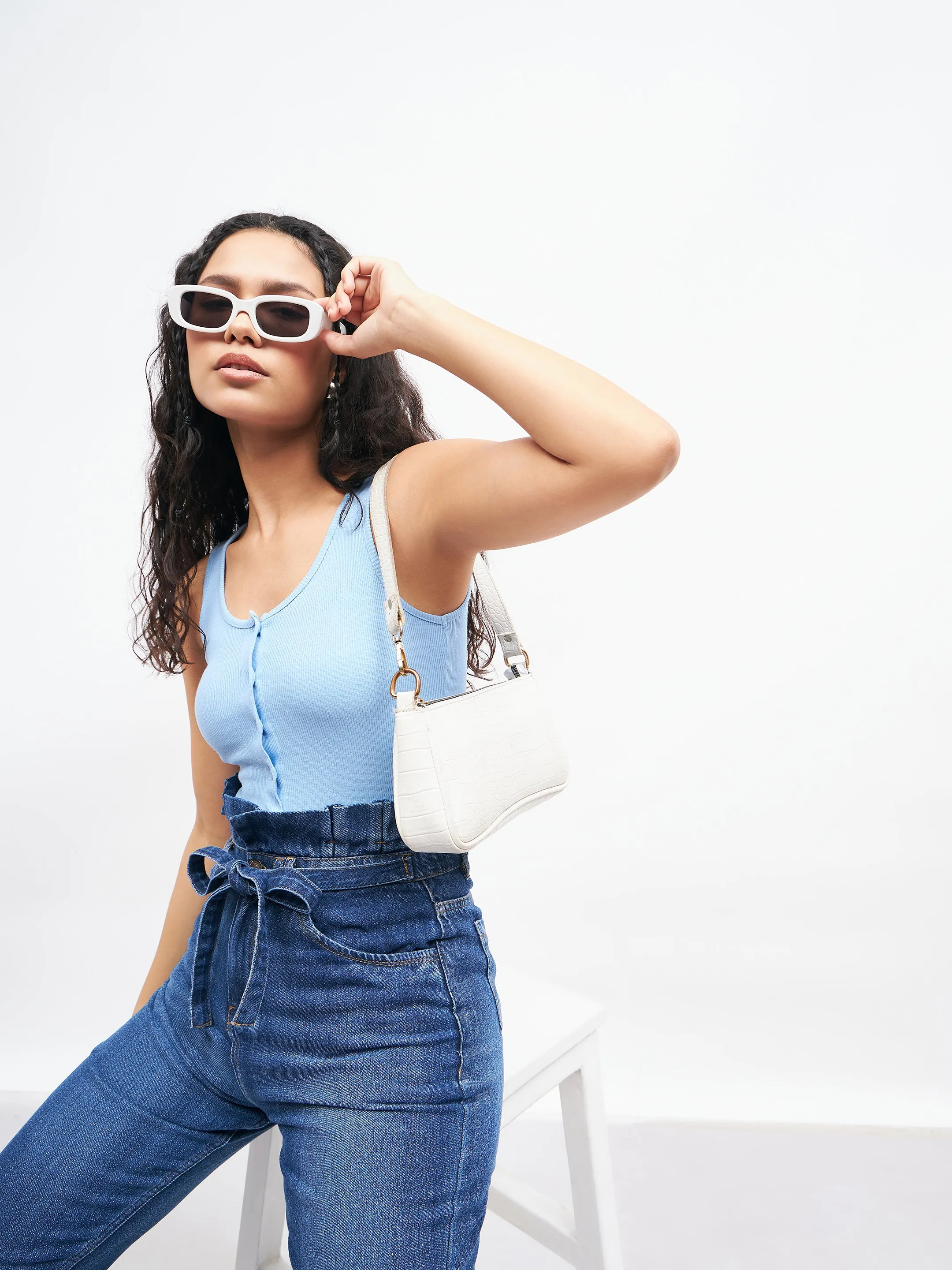 Blue Front Button Sleeveless Crop Top