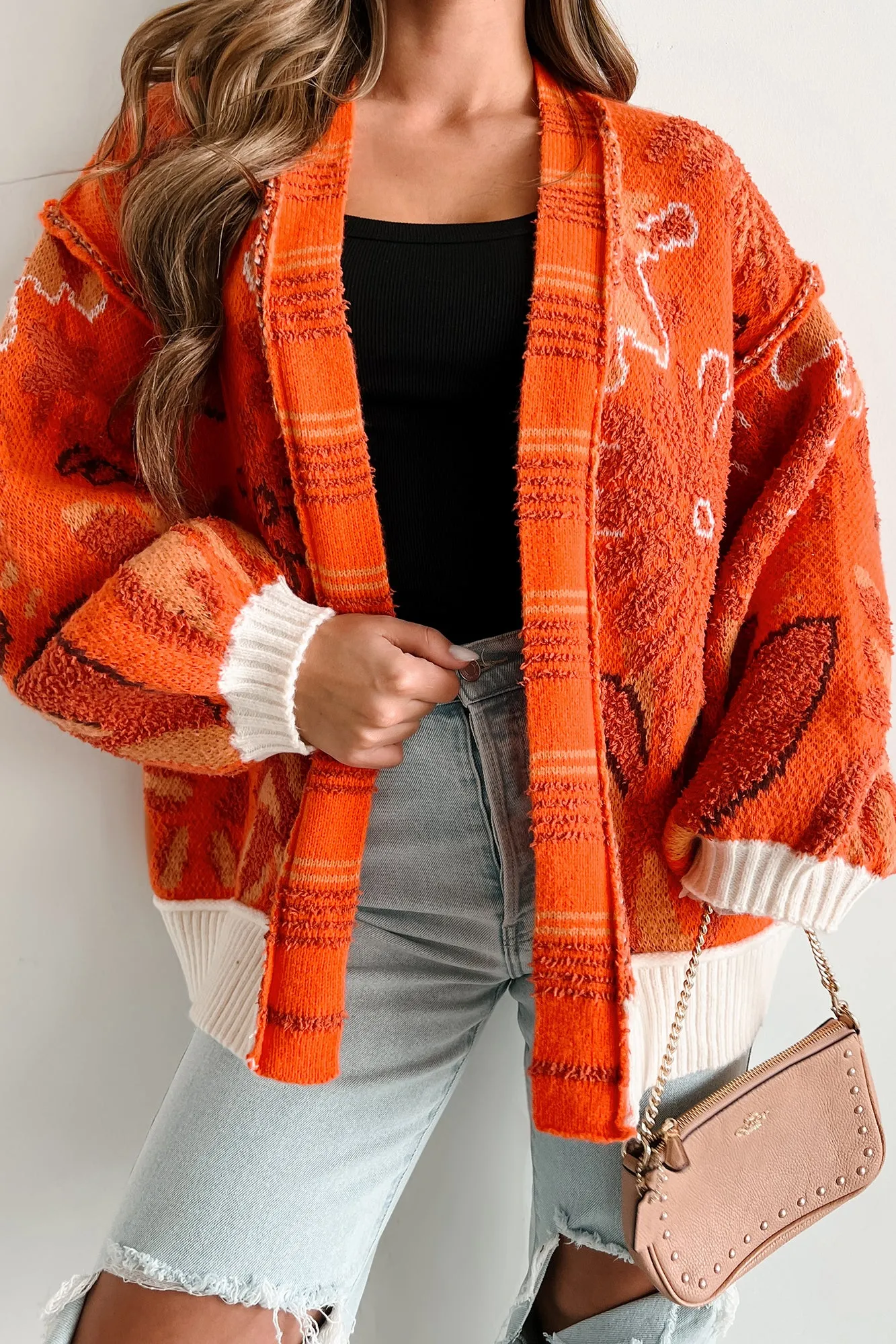 Bright Spot Open Front Floral Cardigan (Fire Orange)