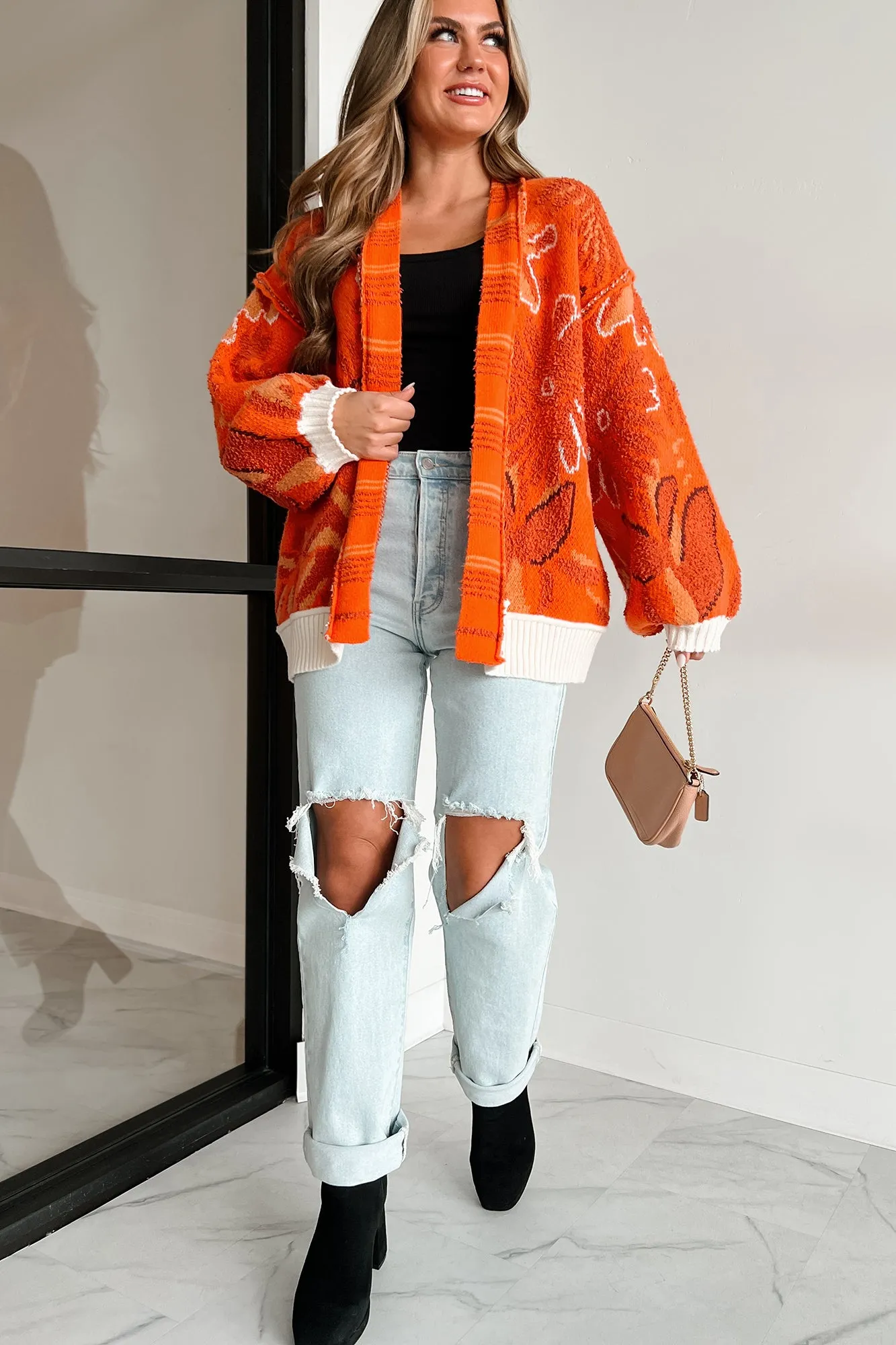 Bright Spot Open Front Floral Cardigan (Fire Orange)