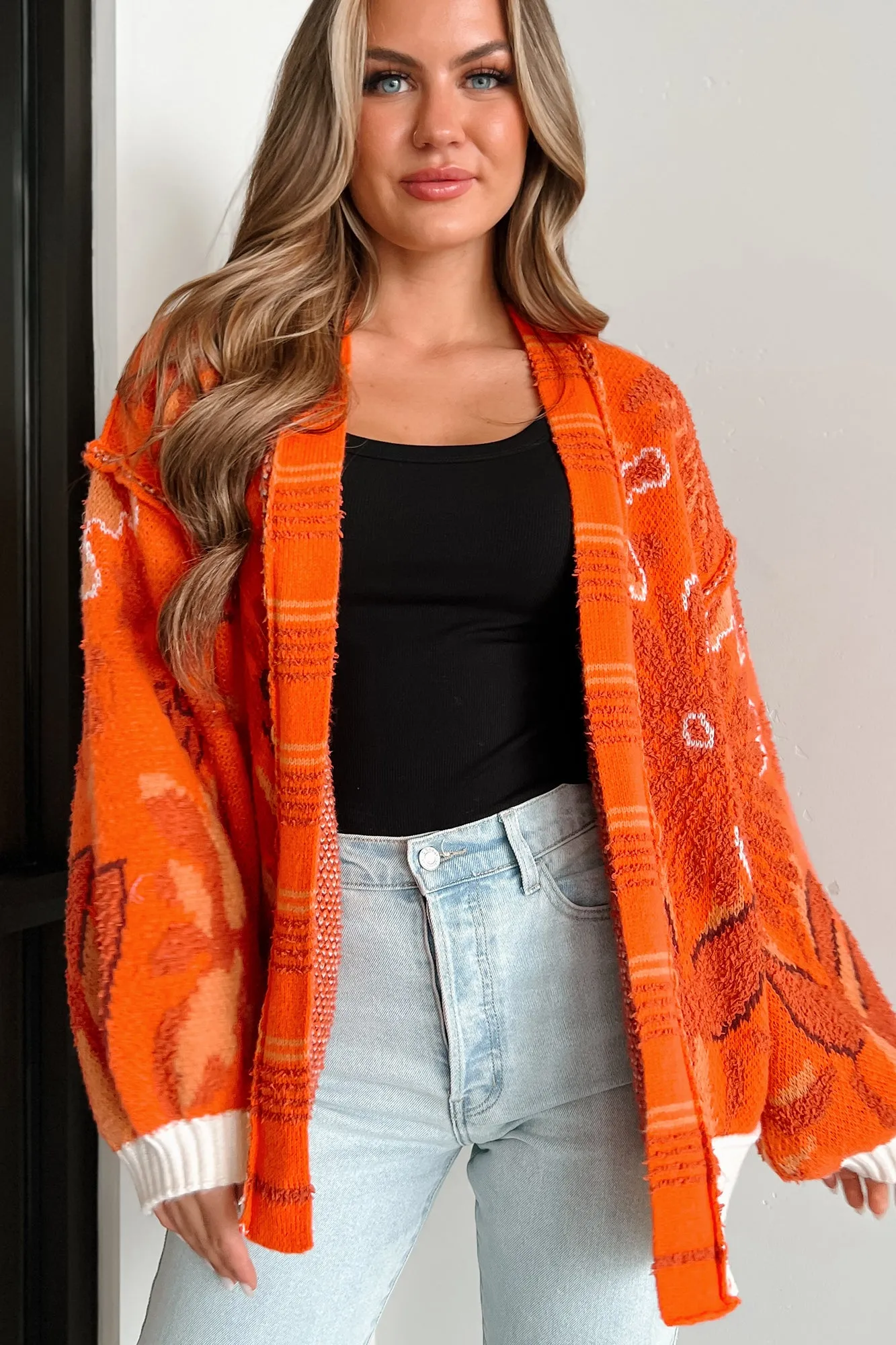 Bright Spot Open Front Floral Cardigan (Fire Orange)