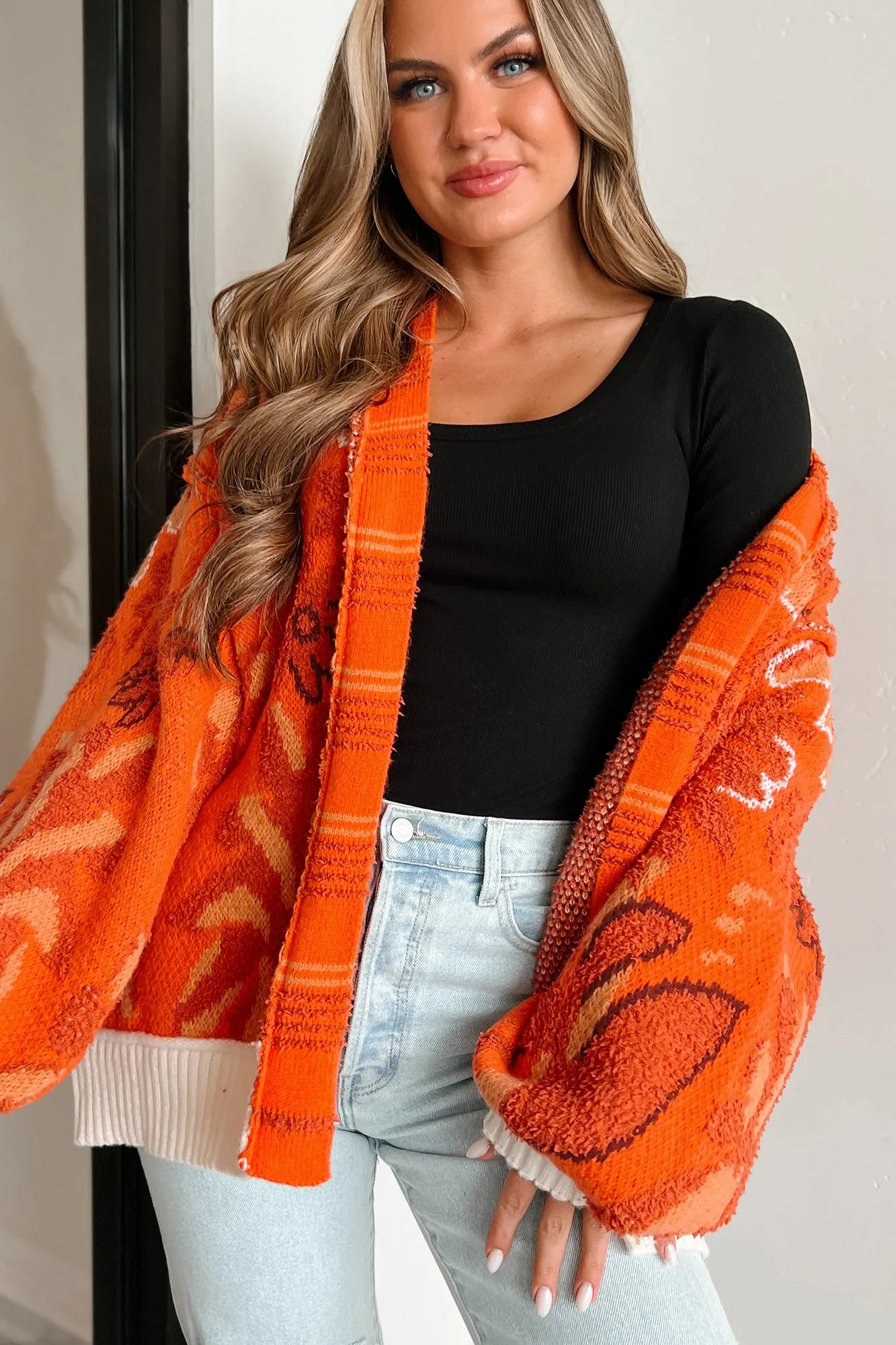 Bright Spot Open Front Floral Cardigan (Fire Orange)