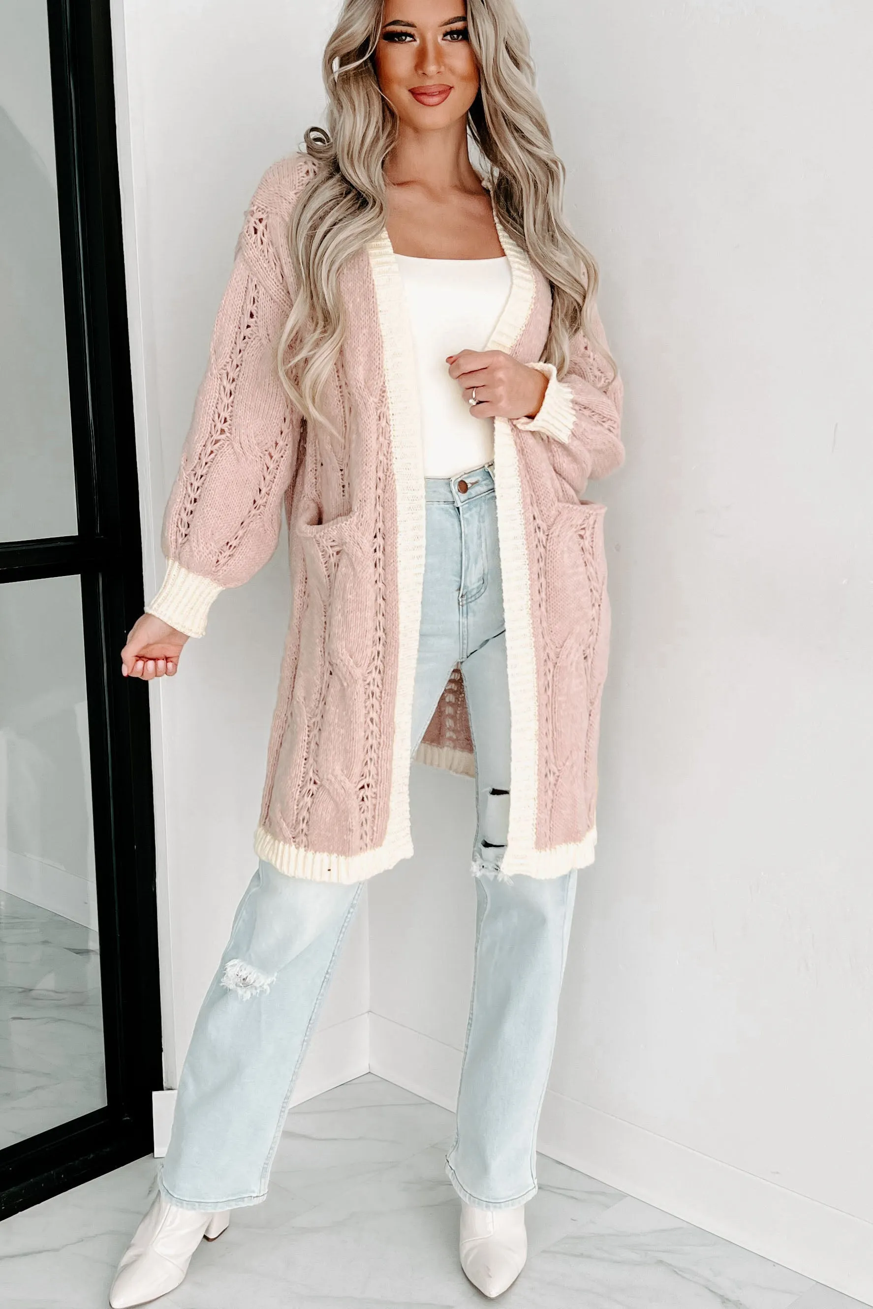 By The Fire Colorblock Cable Knit Cardigan (Natural/Ivory)