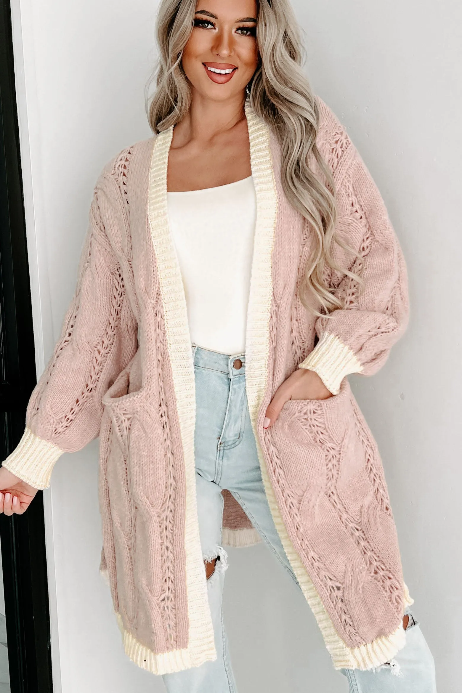 By The Fire Colorblock Cable Knit Cardigan (Natural/Ivory)