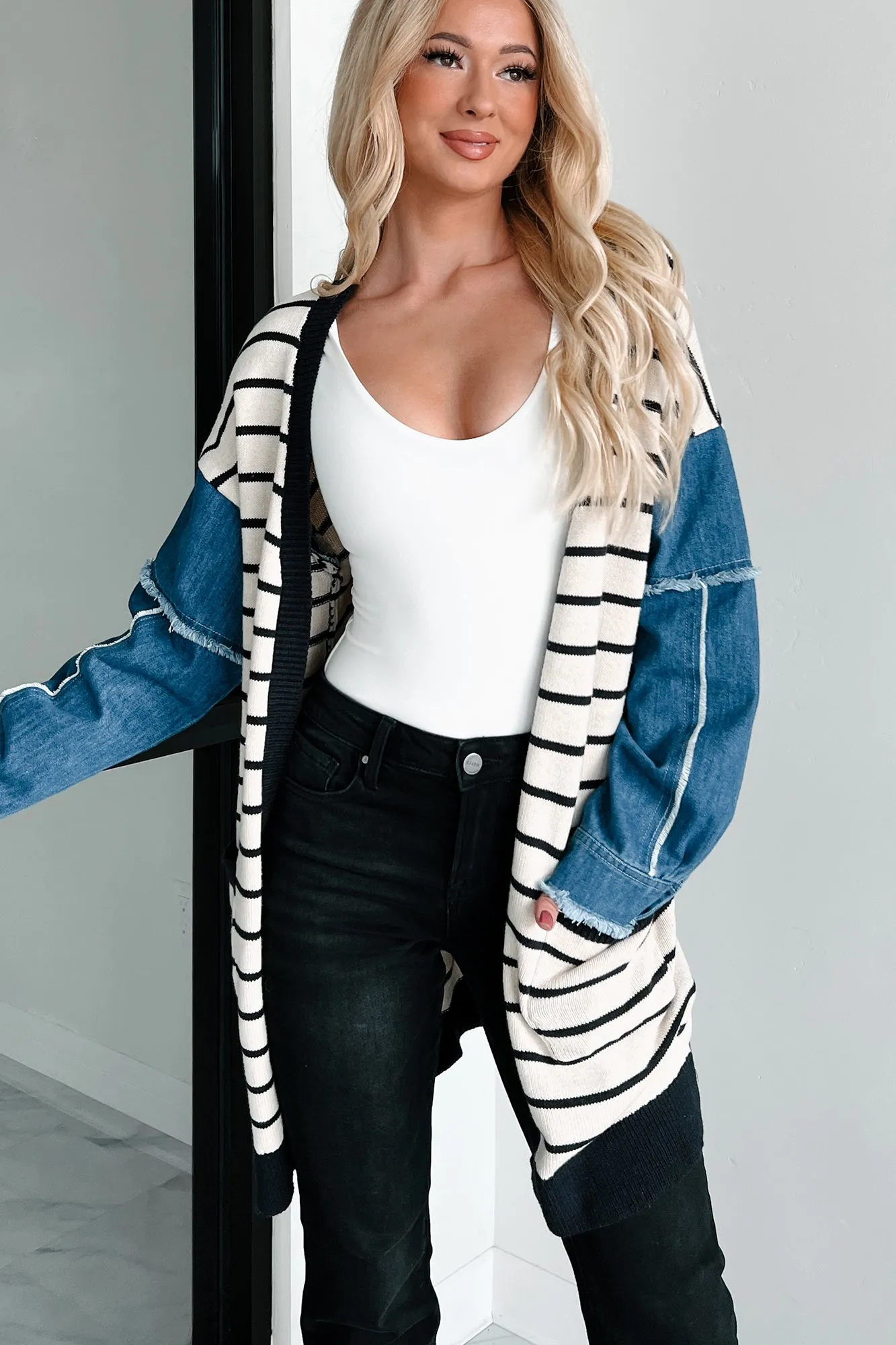 Causing Confusion Striped Denim Sleeve Cardigan (Cream/Navy)