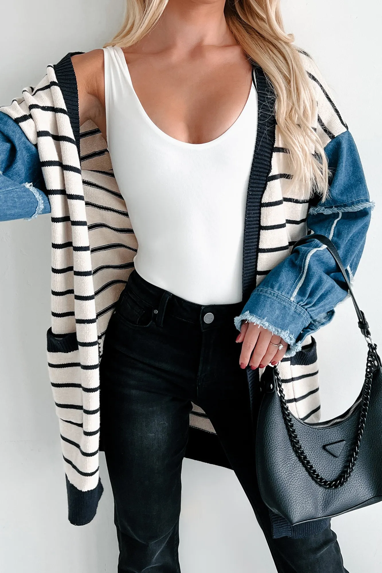 Causing Confusion Striped Denim Sleeve Cardigan (Cream/Navy)