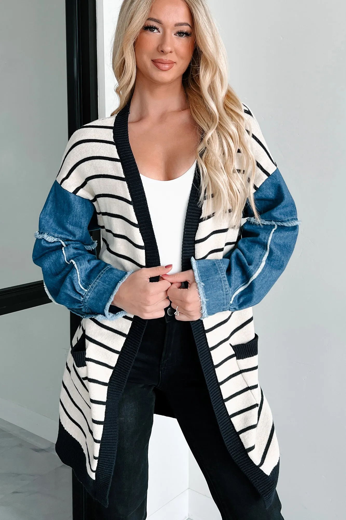 Causing Confusion Striped Denim Sleeve Cardigan (Cream/Navy)