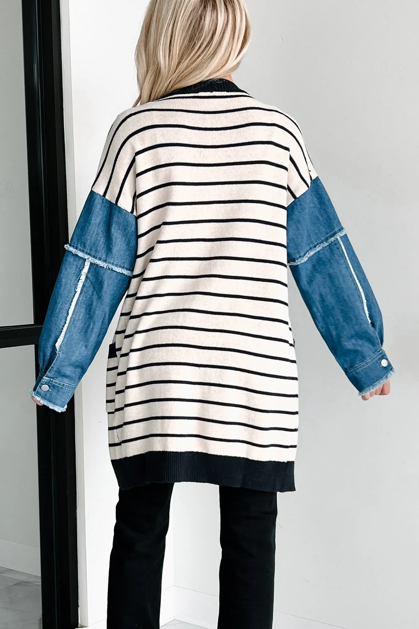 Causing Confusion Striped Denim Sleeve Cardigan (Cream/Navy)