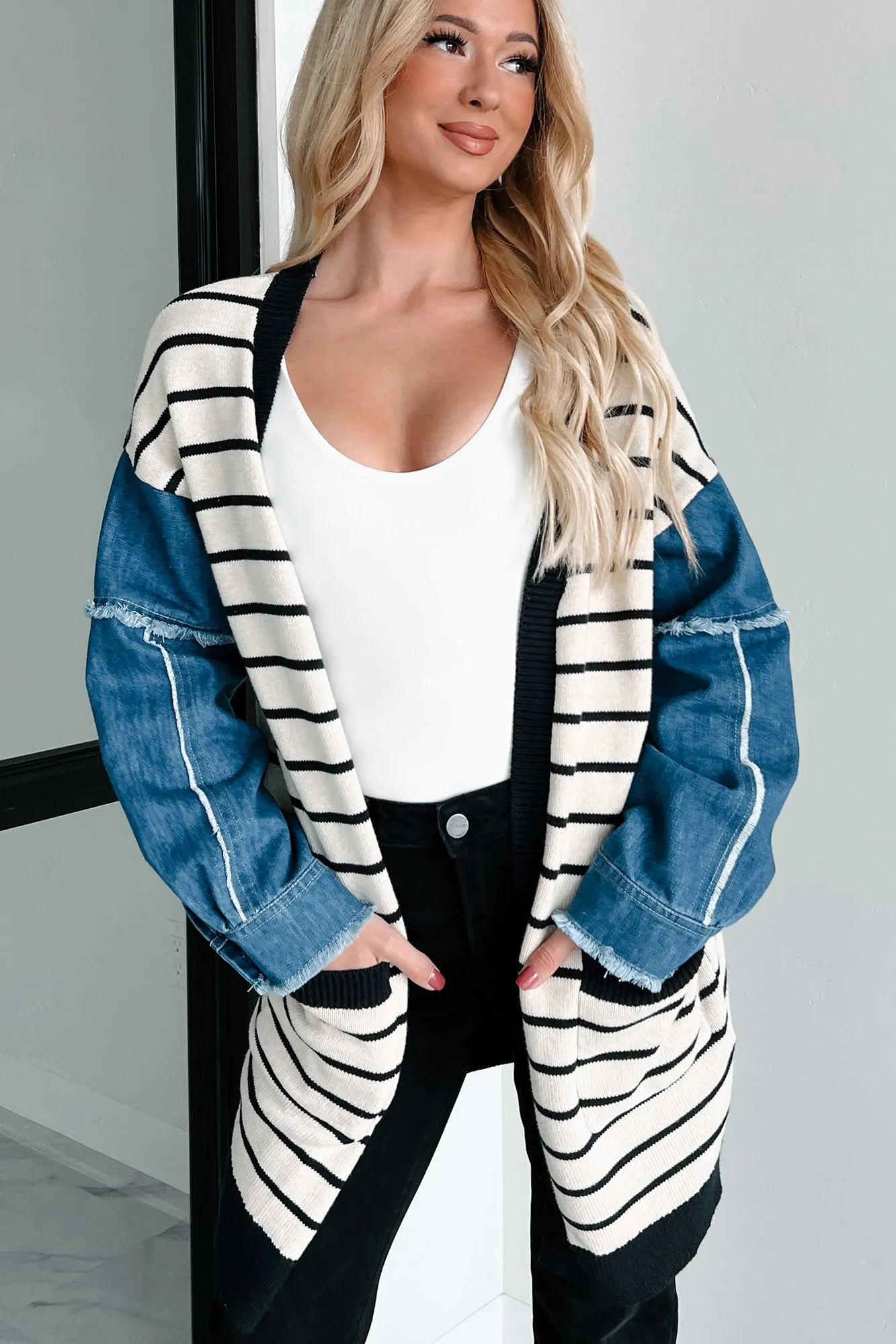 Causing Confusion Striped Denim Sleeve Cardigan (Cream/Navy)