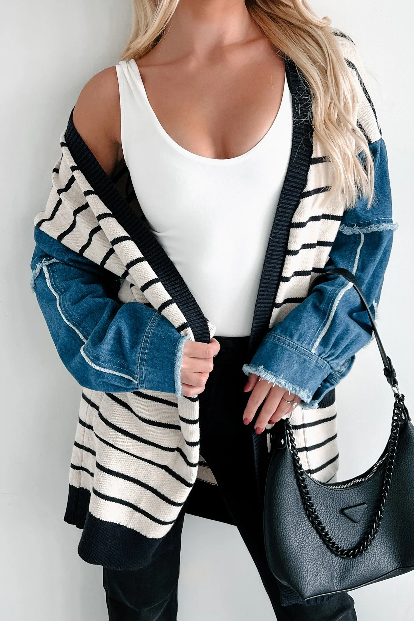 Causing Confusion Striped Denim Sleeve Cardigan (Cream/Navy)