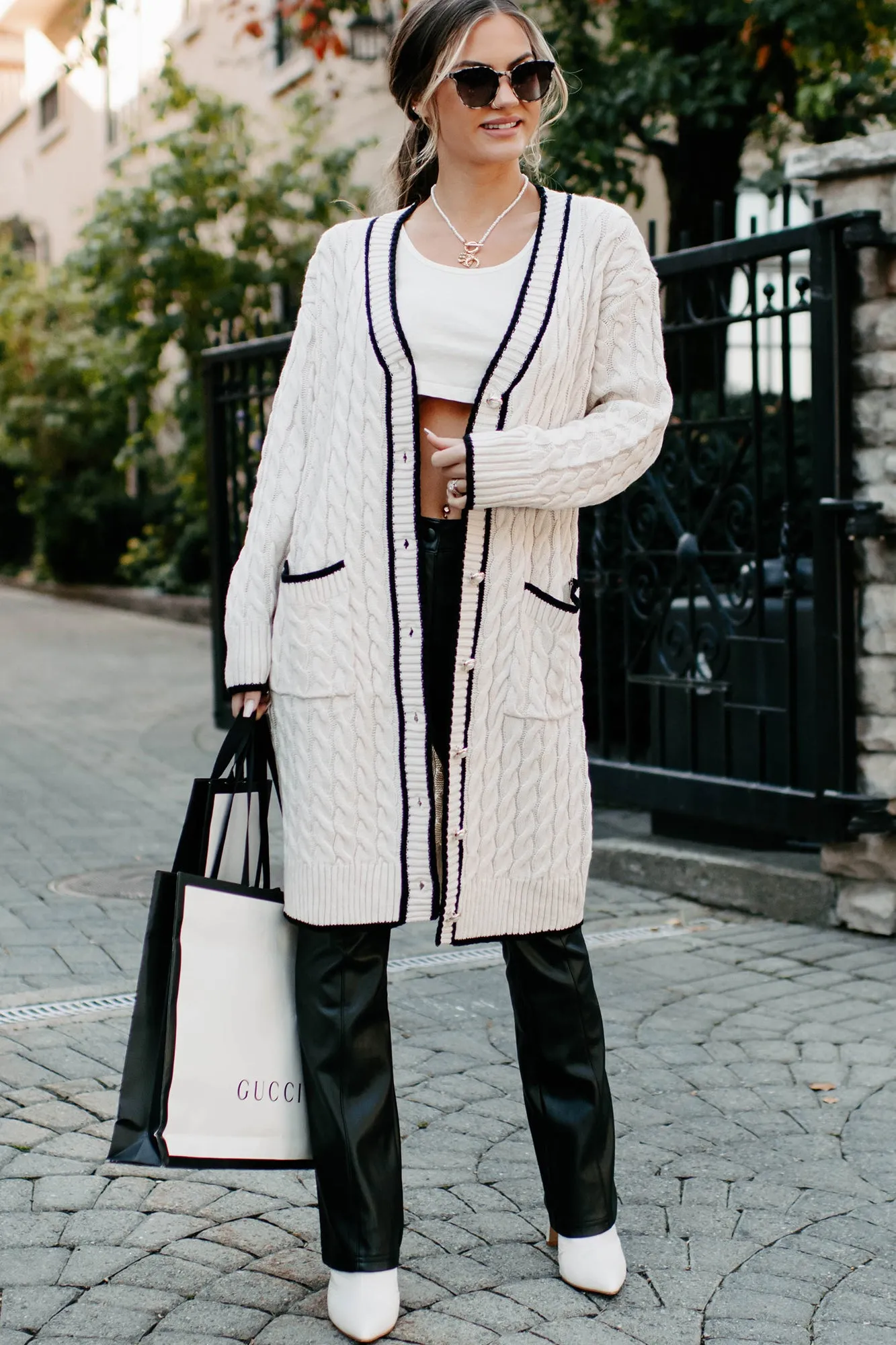 Cross Reference Oversized Cable Knit Cardigan (White/Black)