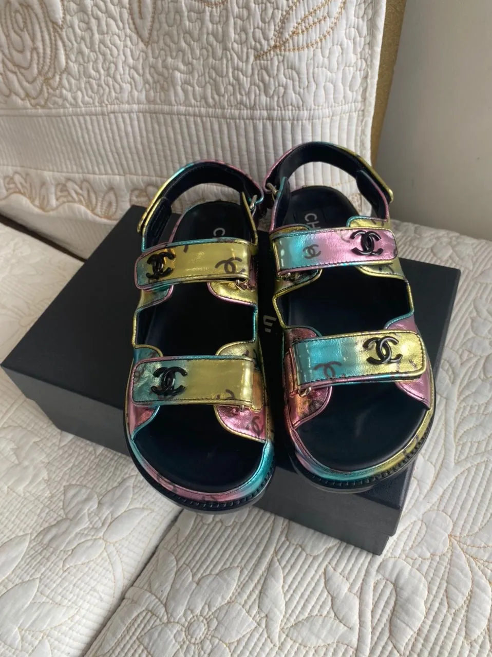 DAD SANDALS CC LOGO LAMBSKIN BLACK RAINBOW