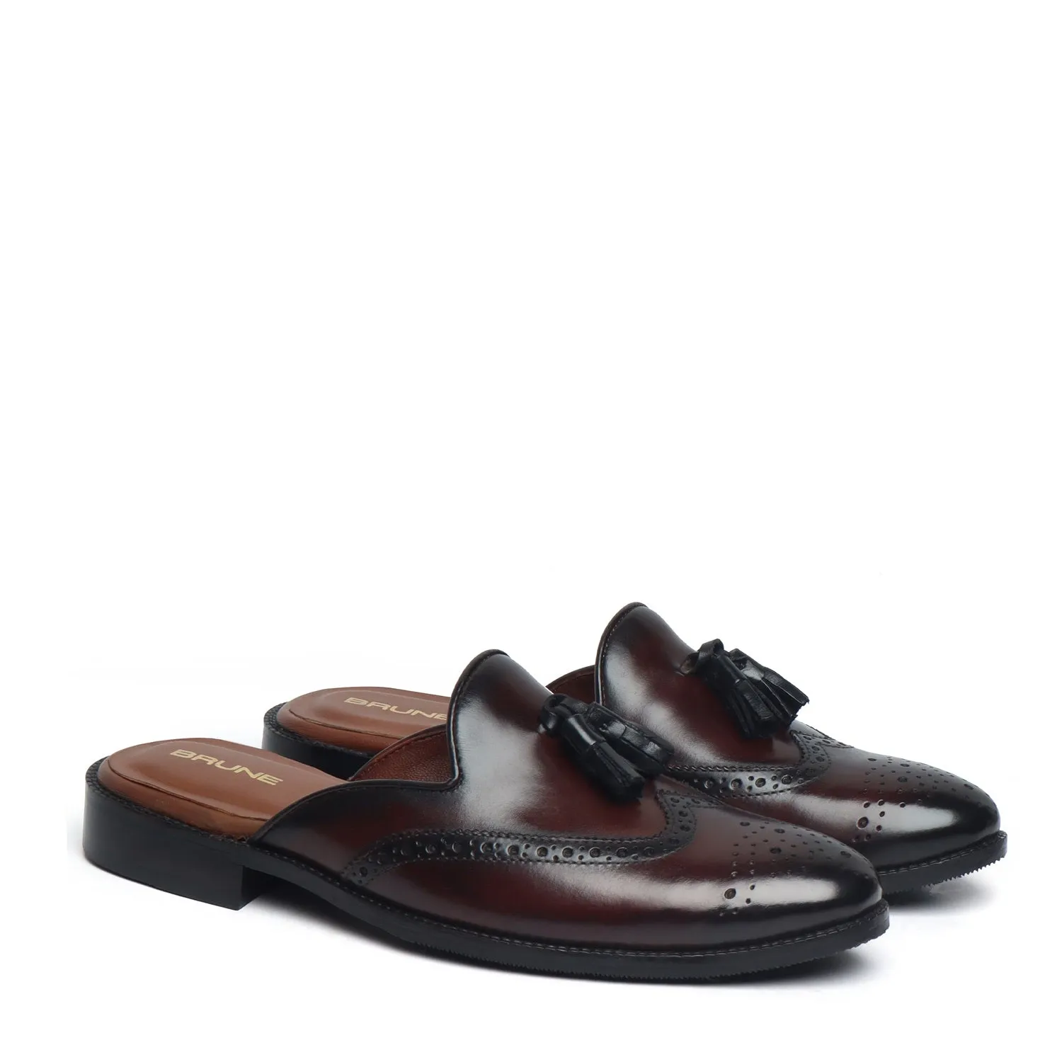 Dark Brown Formal Mules with Medallion Toe Tassel Leather Brune & Bareskin