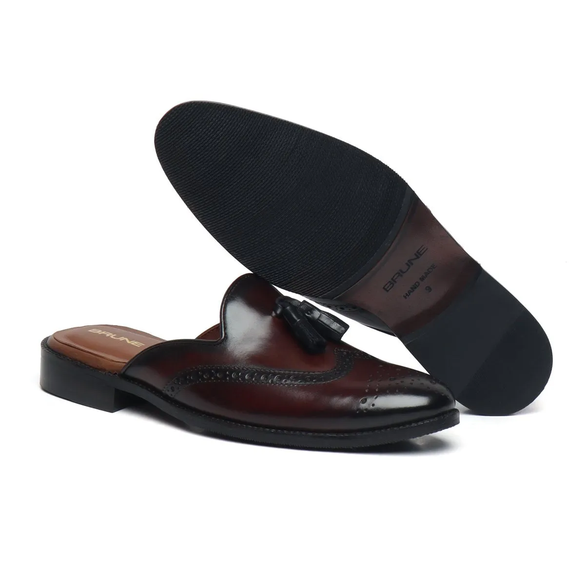 Dark Brown Formal Mules with Medallion Toe Tassel Leather Brune & Bareskin