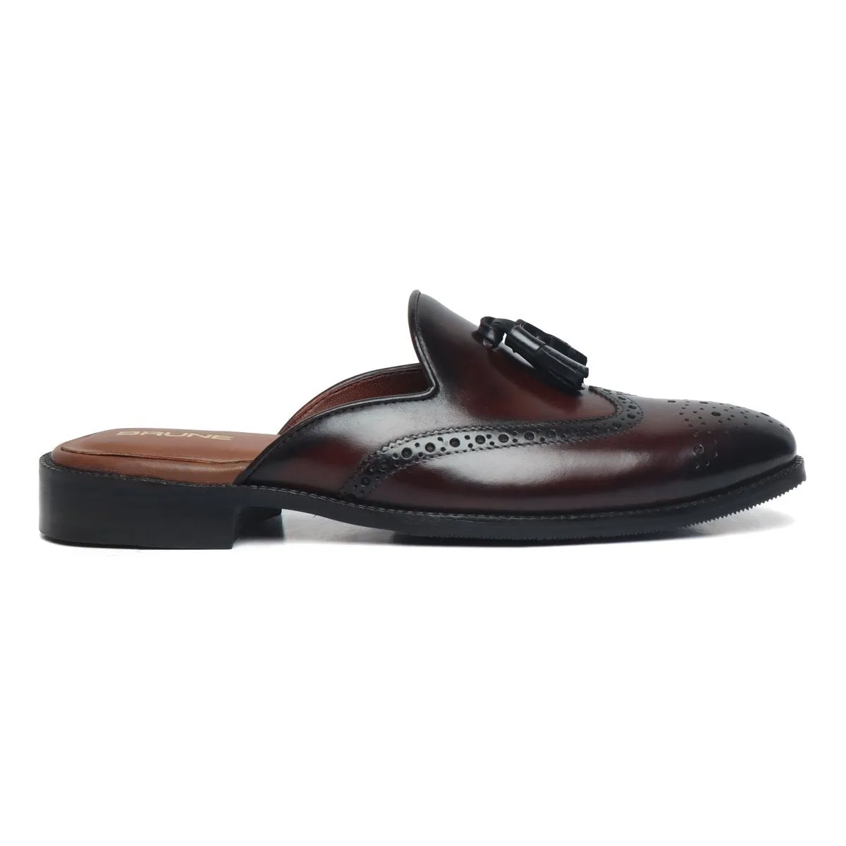 Dark Brown Formal Mules with Medallion Toe Tassel Leather Brune & Bareskin