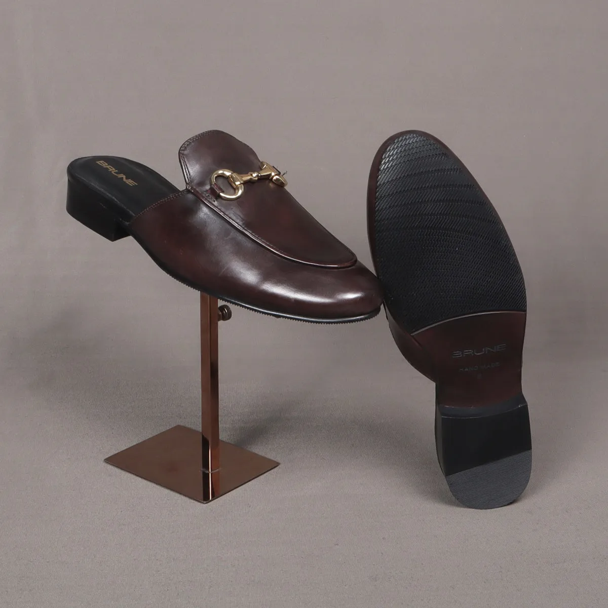 Dark Brown Leather Formal Horsebit Mules With Slipper Opening at The Back (Summer Special) By Brune & Bareskin