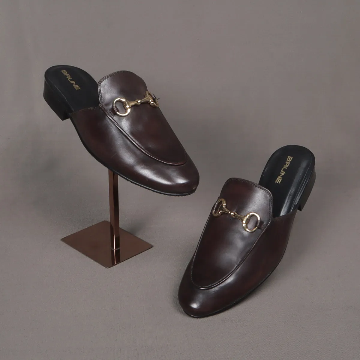 Dark Brown Leather Formal Horsebit Mules With Slipper Opening at The Back (Summer Special) By Brune & Bareskin