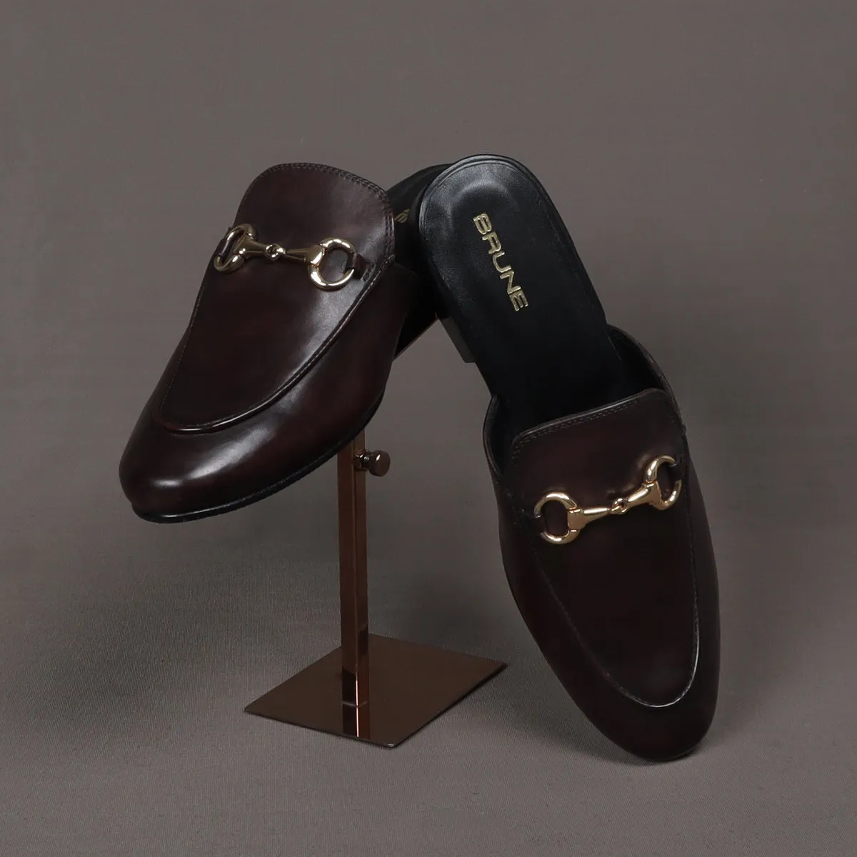 Dark Brown Leather Formal Horsebit Mules With Slipper Opening at The Back (Summer Special) By Brune & Bareskin