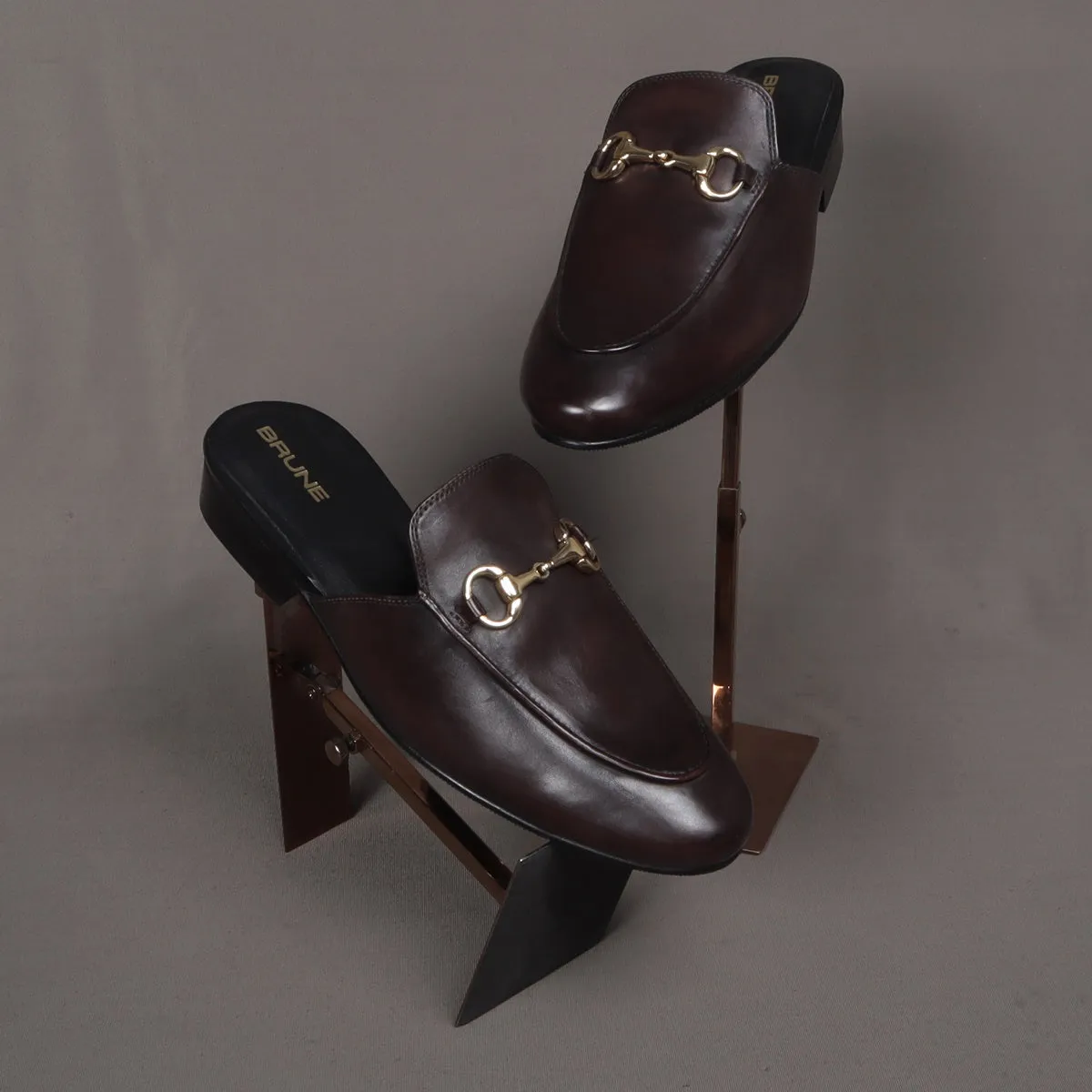 Dark Brown Leather Formal Horsebit Mules With Slipper Opening at The Back (Summer Special) By Brune & Bareskin