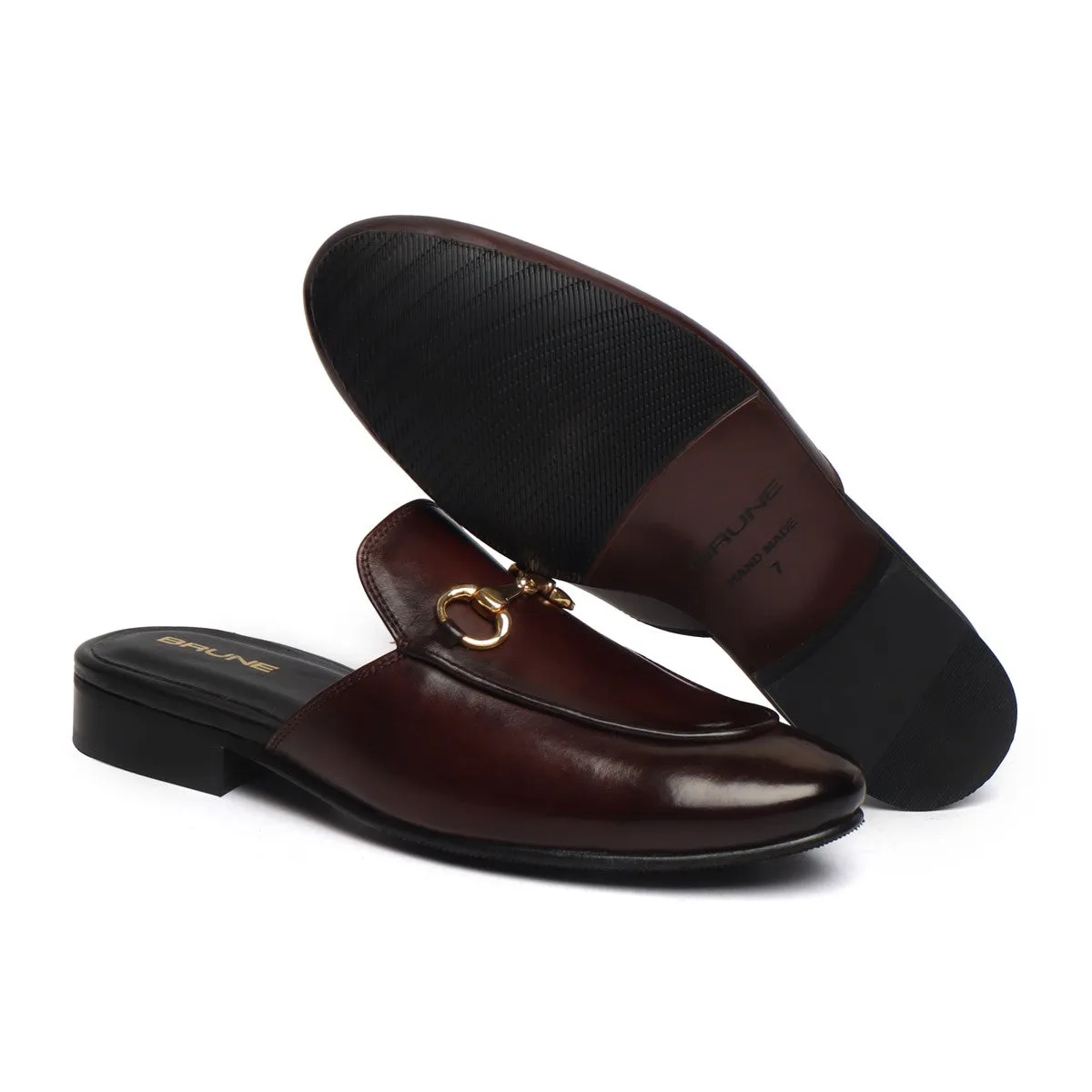 Dark Brown Leather Formal Horsebit Mules With Slipper Opening at The Back (Summer Special) By Brune & Bareskin