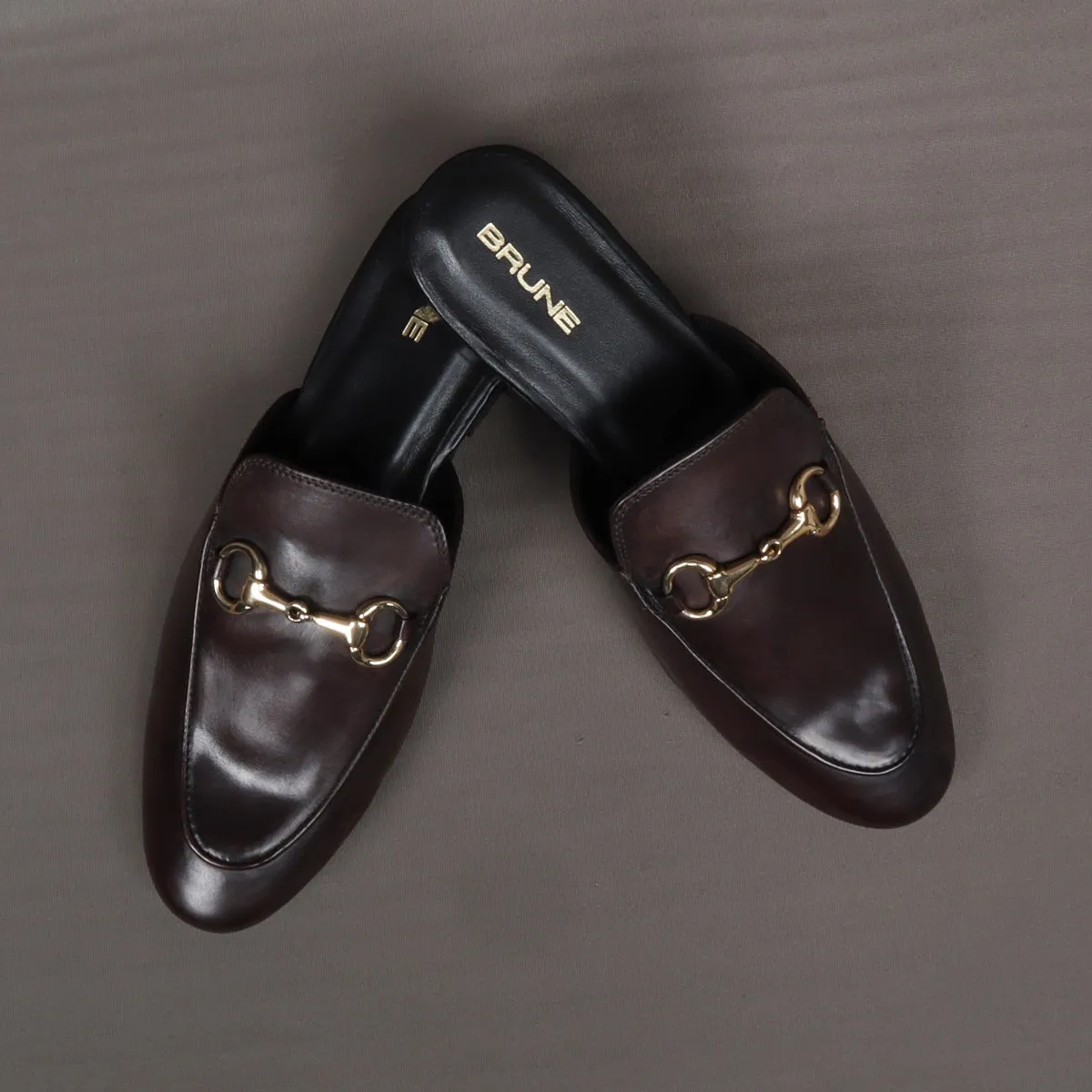 Dark Brown Leather Formal Horsebit Mules With Slipper Opening at The Back (Summer Special) By Brune & Bareskin