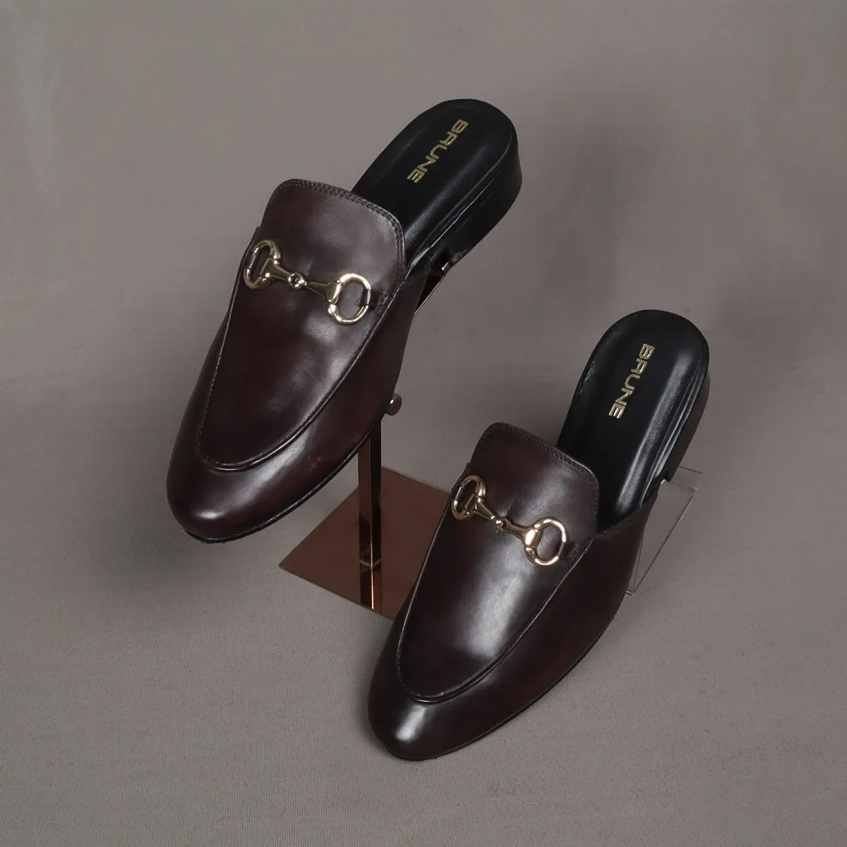 Dark Brown Leather Formal Horsebit Mules With Slipper Opening at The Back (Summer Special) By Brune & Bareskin