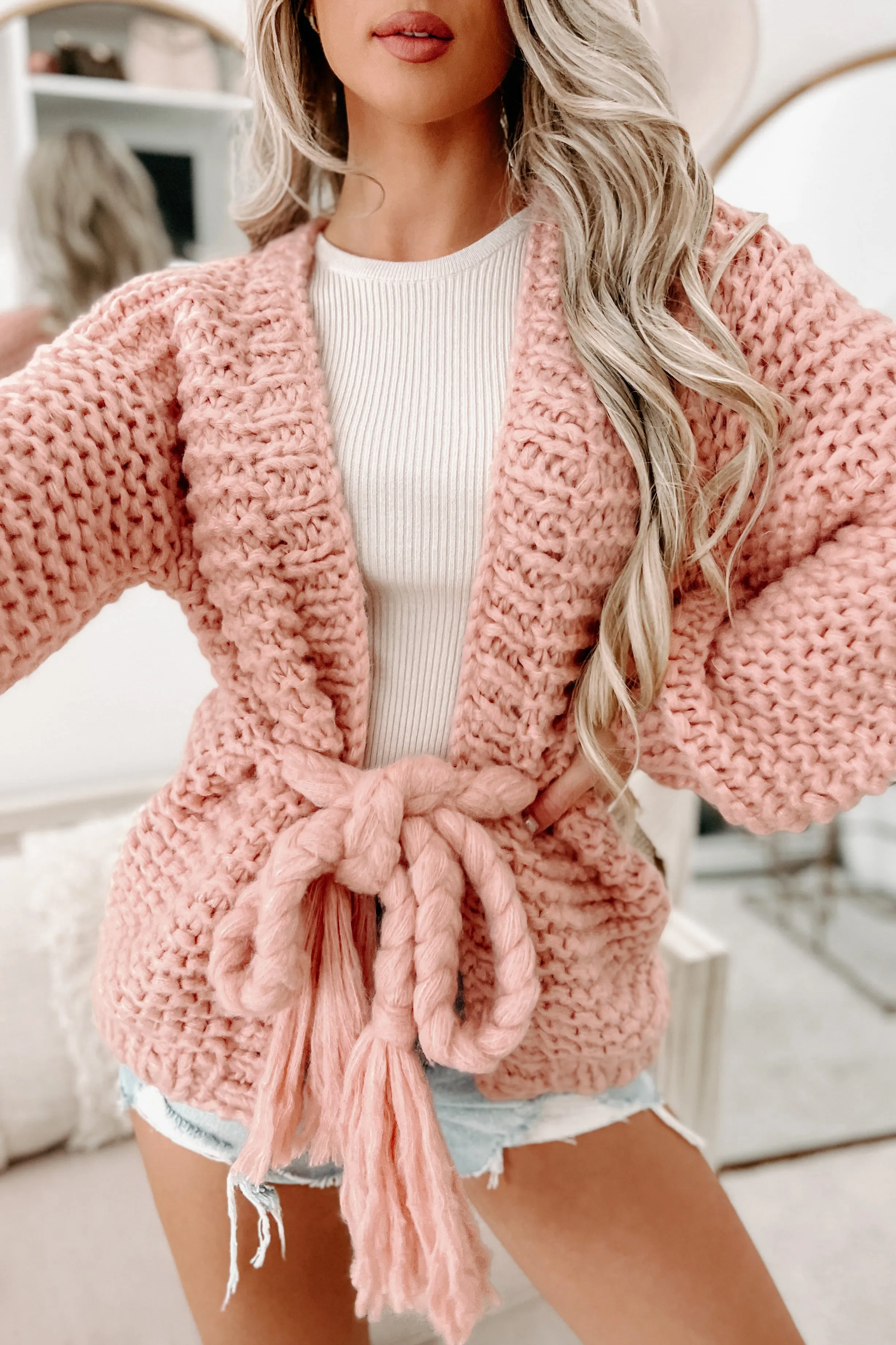 Doorbuster- Cocoa & Cozies Braided Tie Chunky Knit Cardigan (Pink)