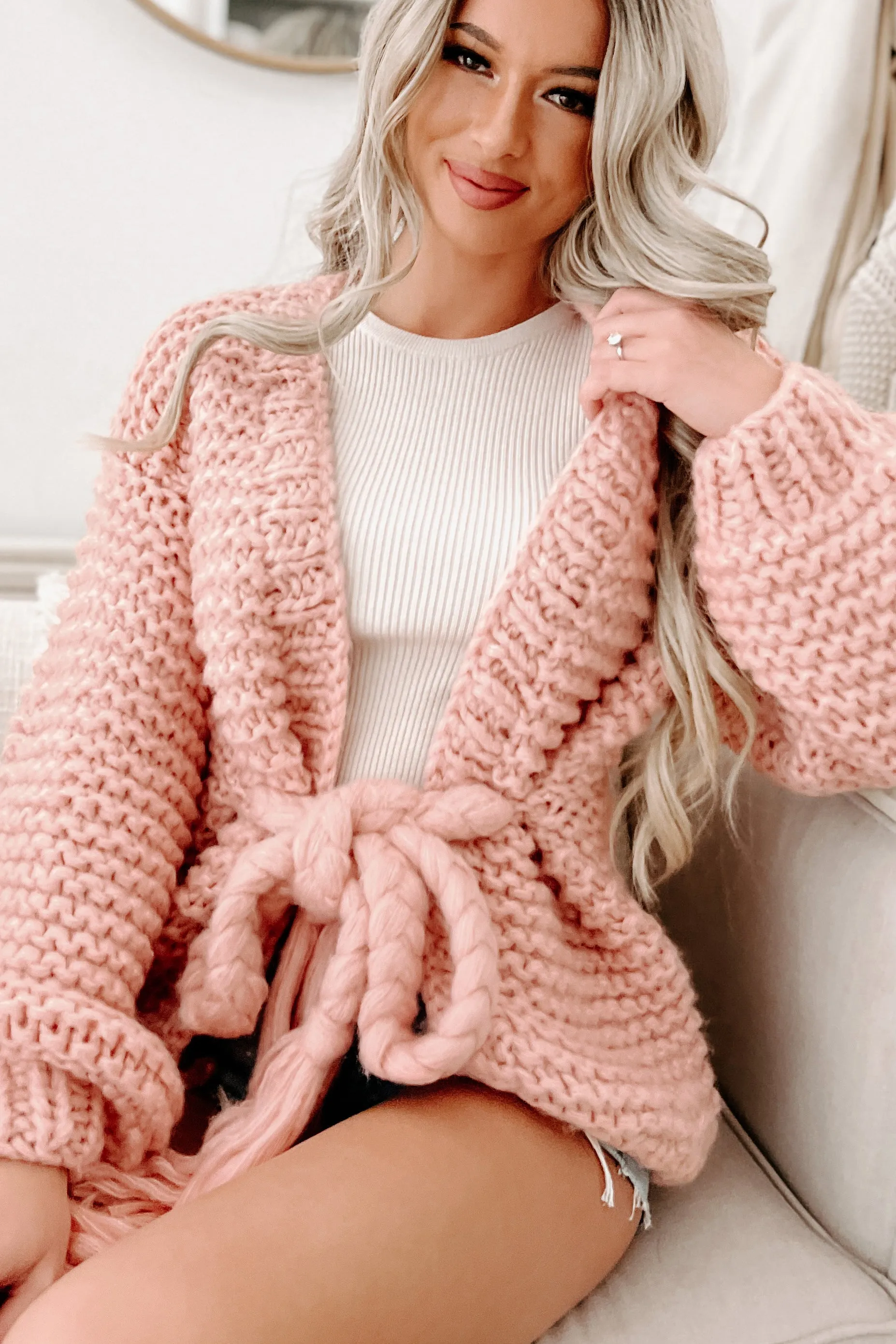 Doorbuster- Cocoa & Cozies Braided Tie Chunky Knit Cardigan (Pink)