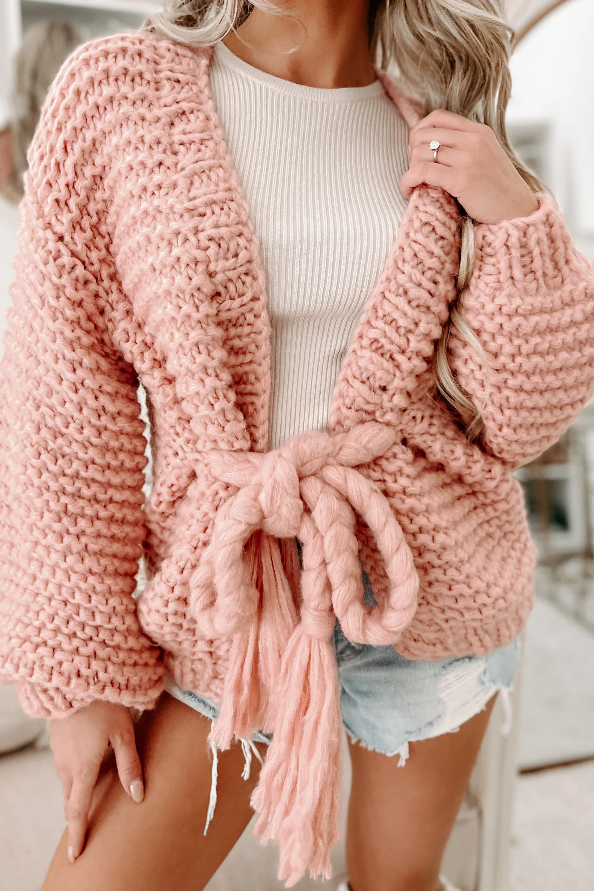 Doorbuster- Cocoa & Cozies Braided Tie Chunky Knit Cardigan (Pink)