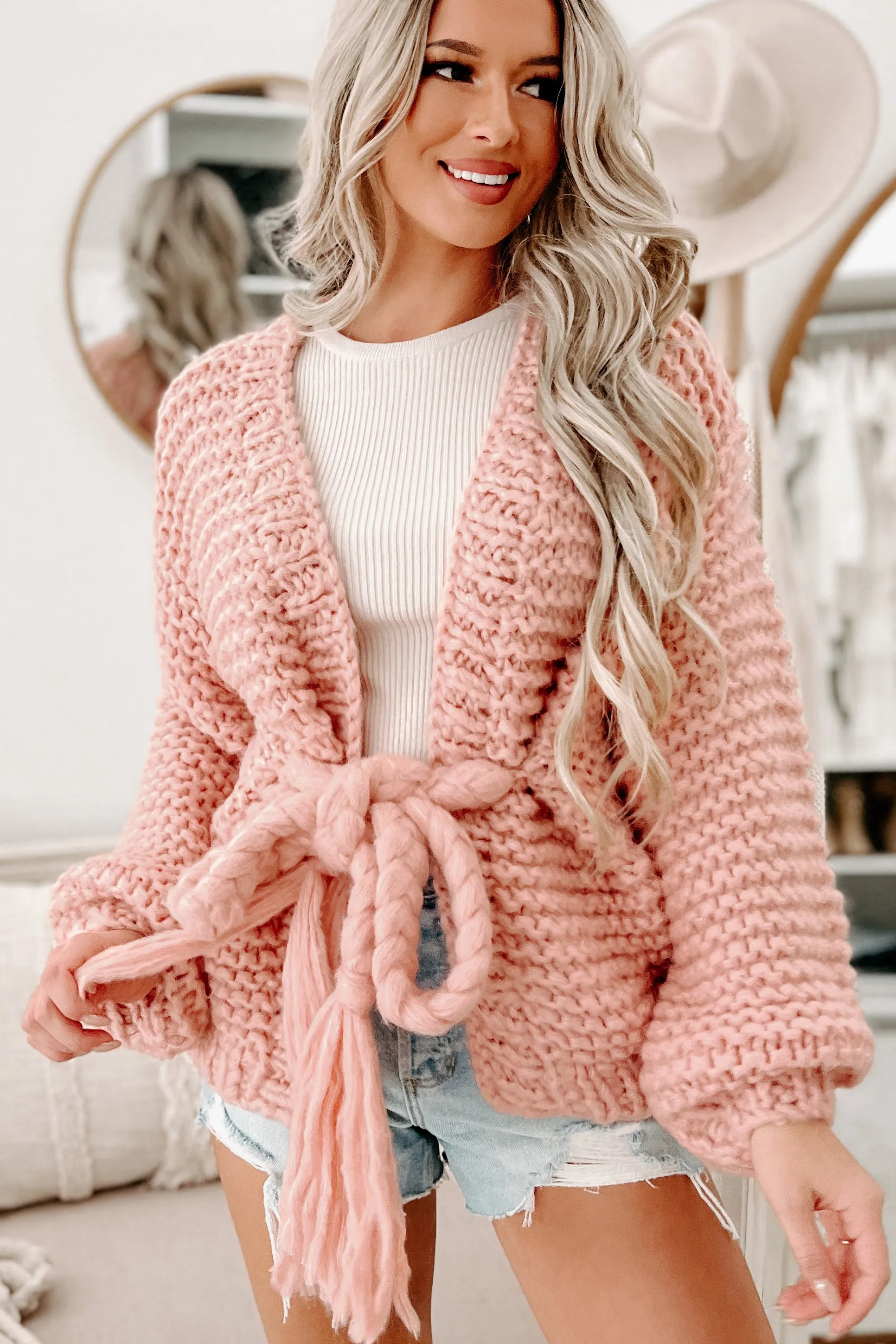 Doorbuster- Cocoa & Cozies Braided Tie Chunky Knit Cardigan (Pink)