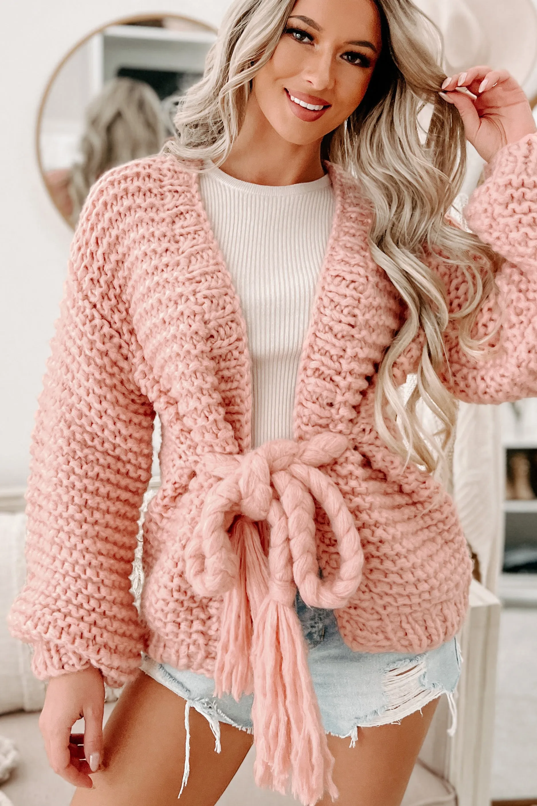 Doorbuster- Cocoa & Cozies Braided Tie Chunky Knit Cardigan (Pink)