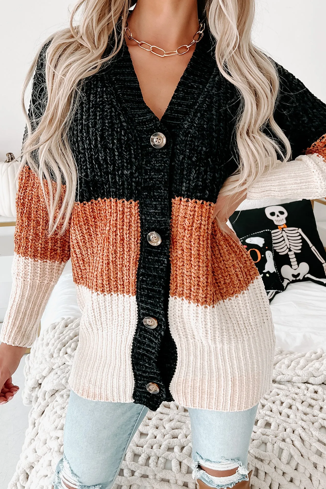 Falling Into A Pattern Chenille Colorblock Cardigan (Black Multi)