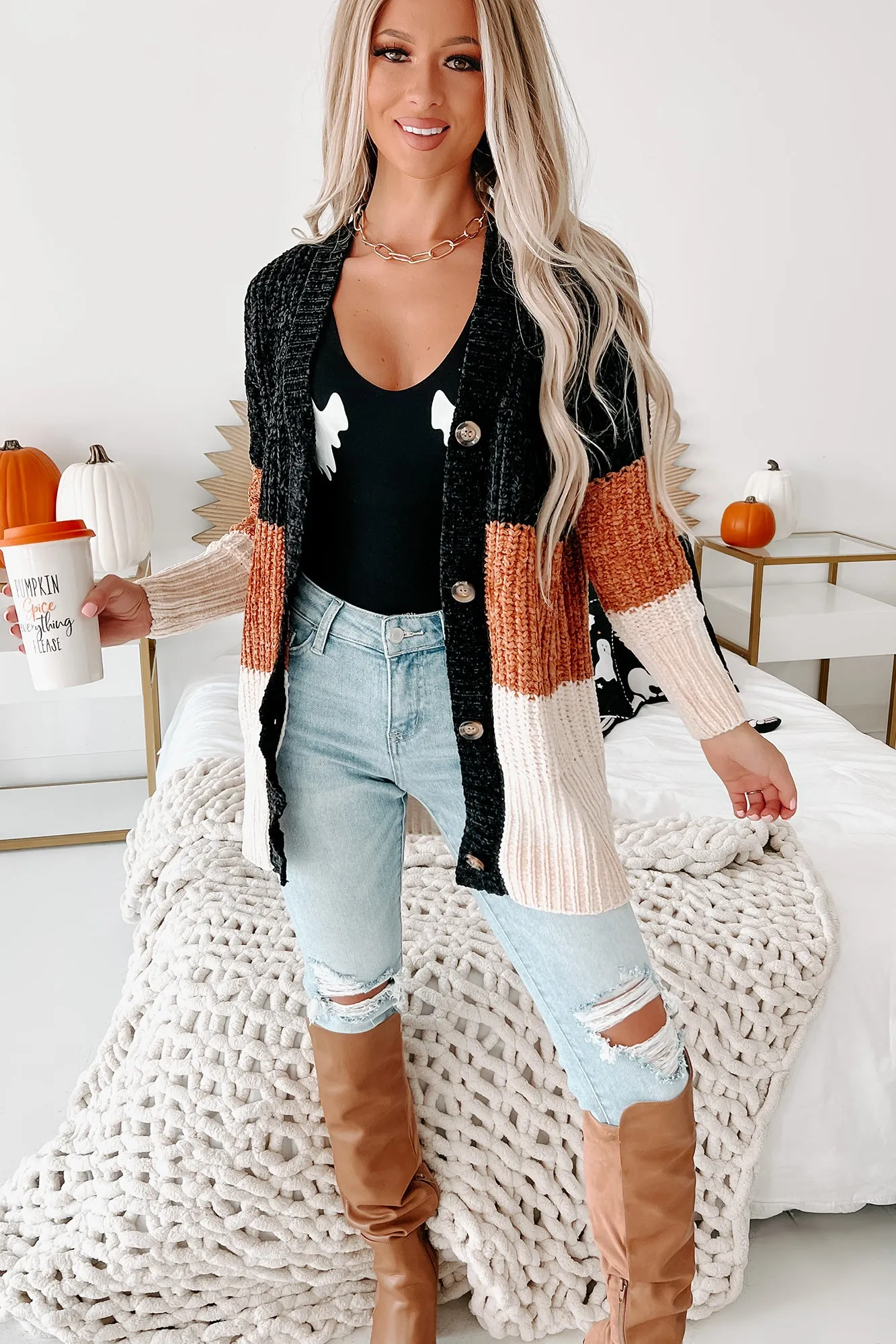 Falling Into A Pattern Chenille Colorblock Cardigan (Black Multi)