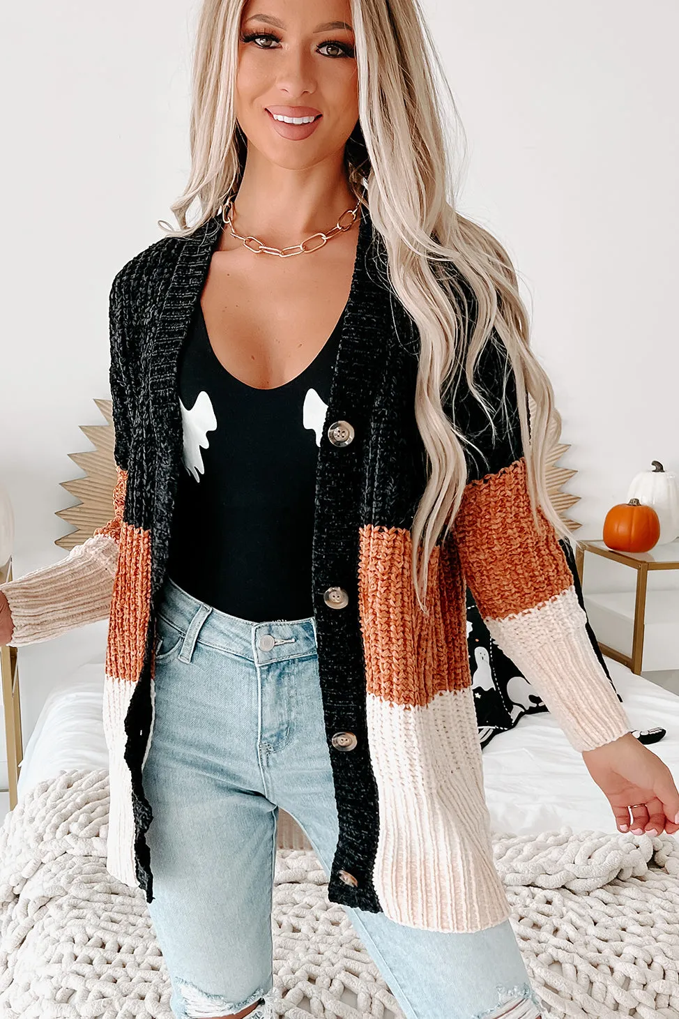 Falling Into A Pattern Chenille Colorblock Cardigan (Black Multi)