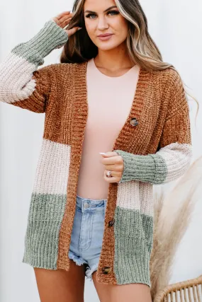 Falling Into A Pattern Chenille Colorblock Cardigan (Camel Multi)