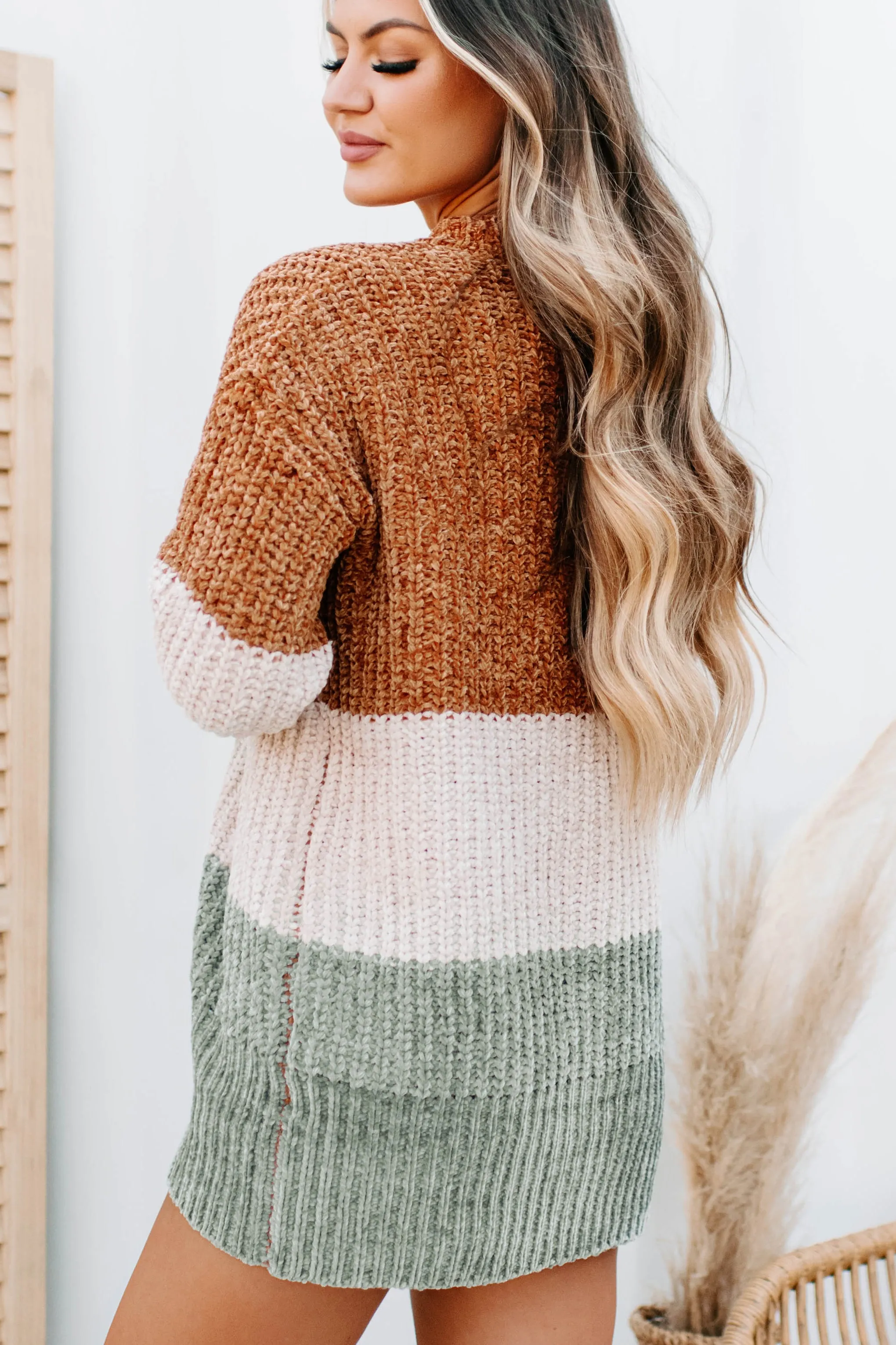 Falling Into A Pattern Chenille Colorblock Cardigan (Camel Multi)