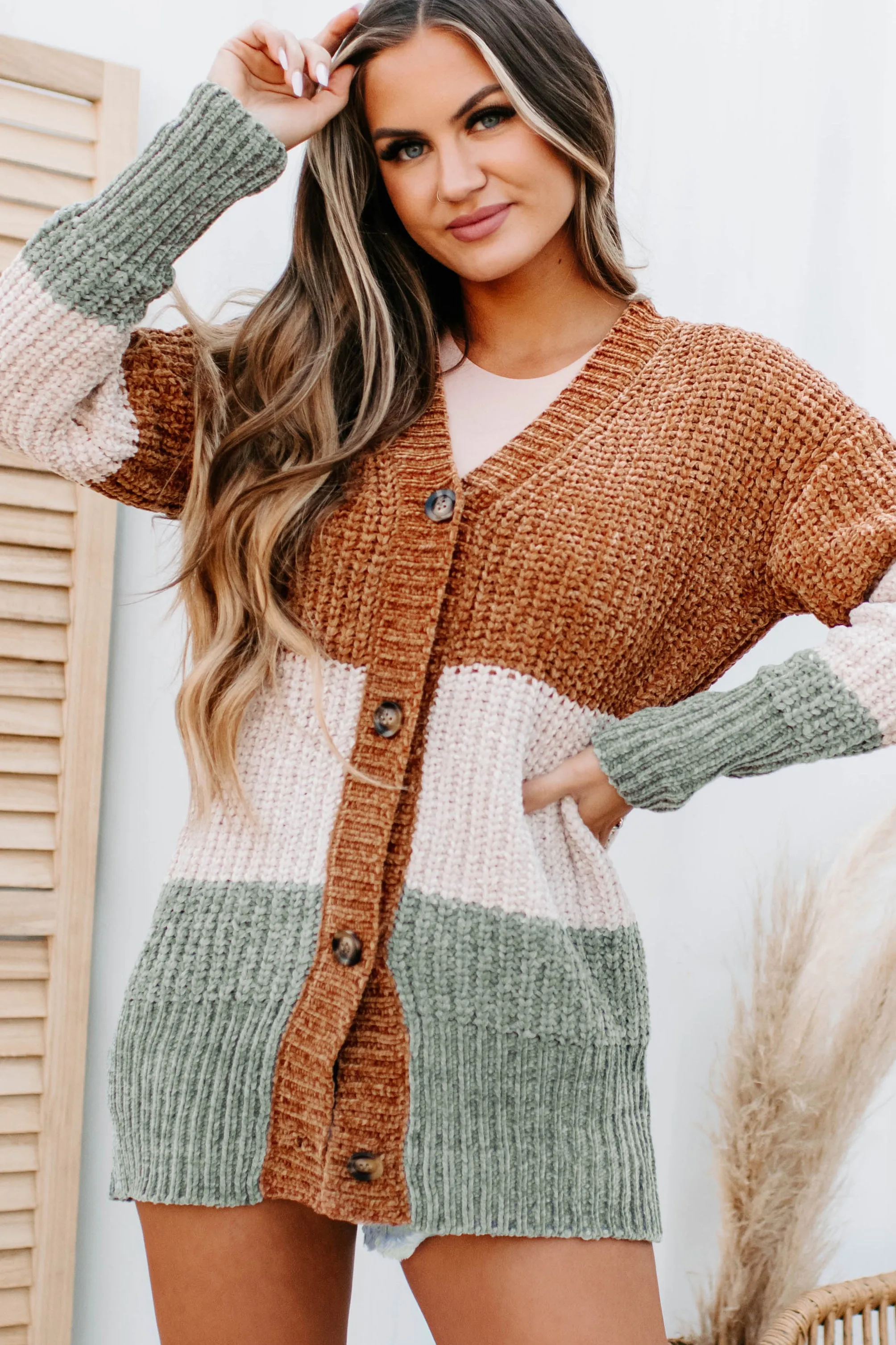 Falling Into A Pattern Chenille Colorblock Cardigan (Camel Multi)