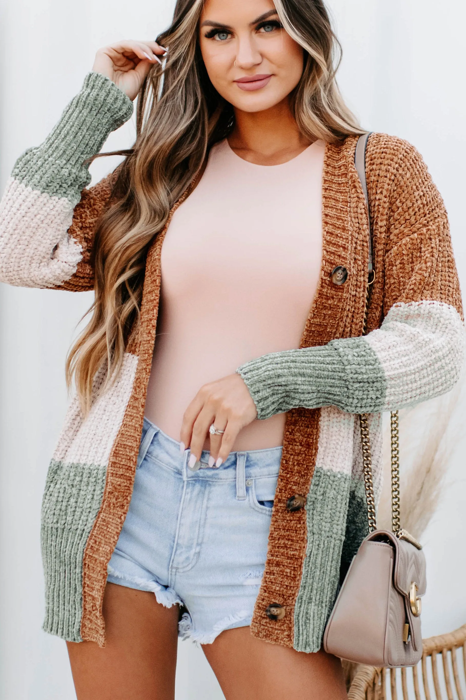 Falling Into A Pattern Chenille Colorblock Cardigan (Camel Multi)