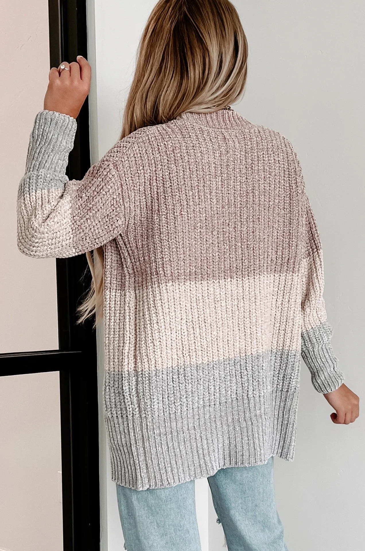 Falling Into A Pattern Chenille Colorblock Cardigan (Mauve Multi)