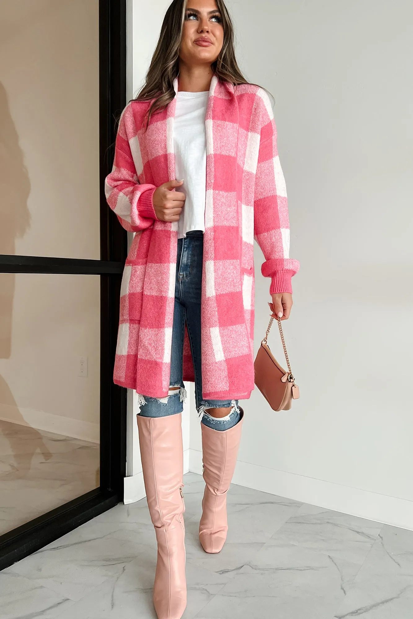 Feels Like Home Open Front Plaid Cardigan (Pink)