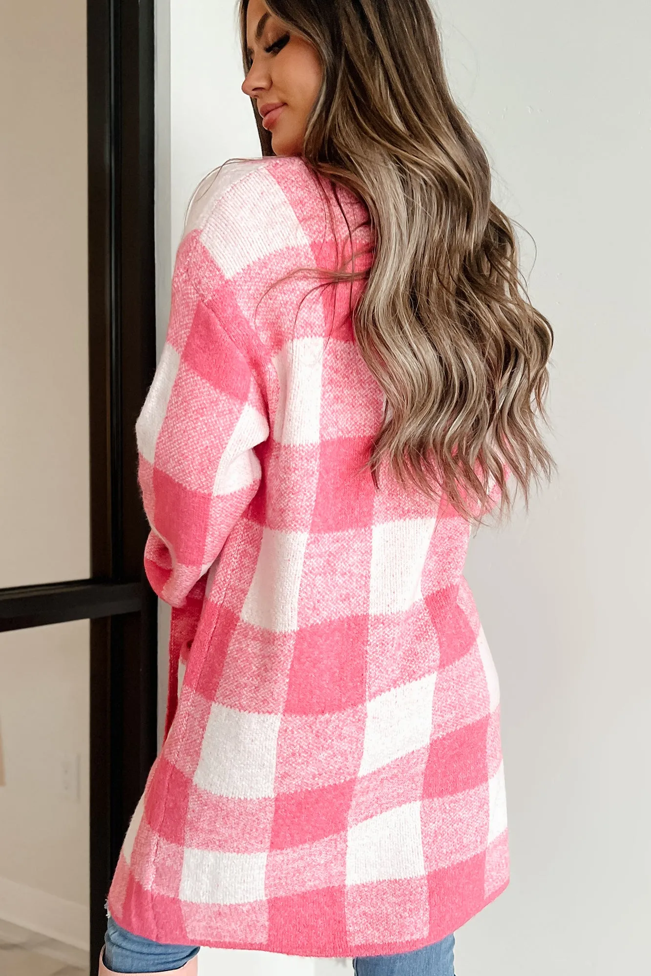 Feels Like Home Open Front Plaid Cardigan (Pink)