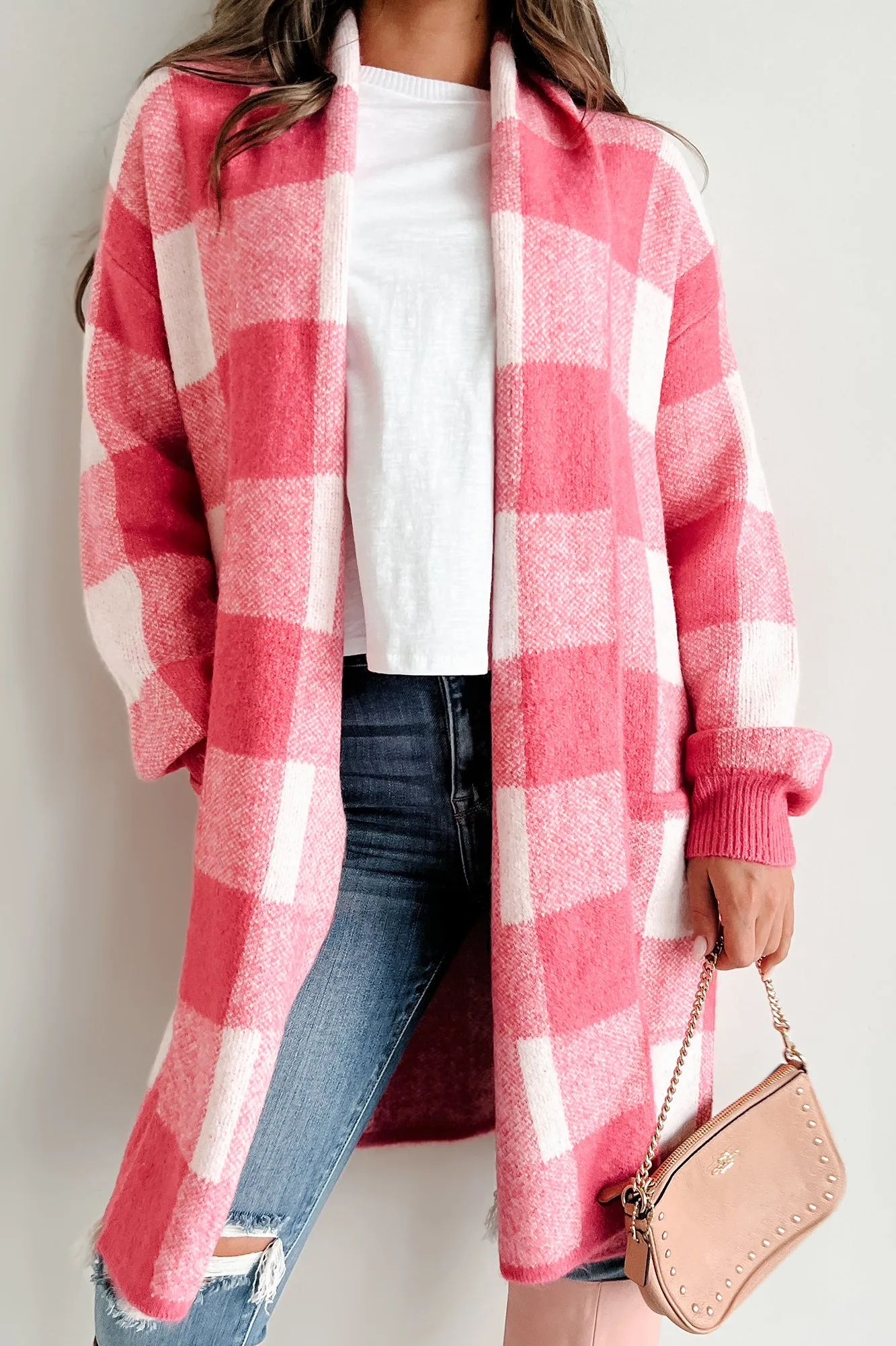 Feels Like Home Open Front Plaid Cardigan (Pink)