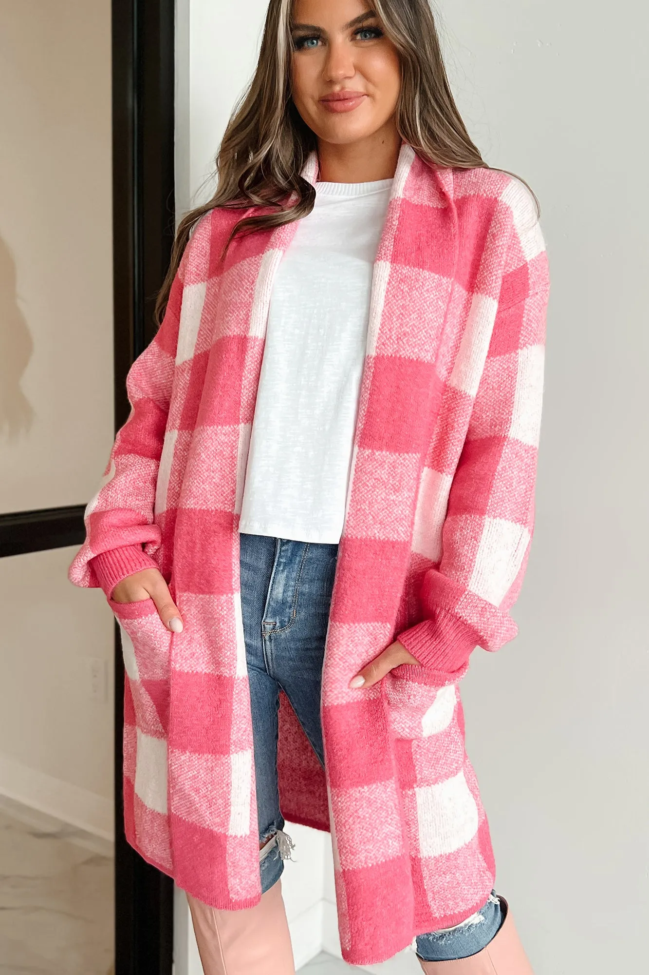 Feels Like Home Open Front Plaid Cardigan (Pink)