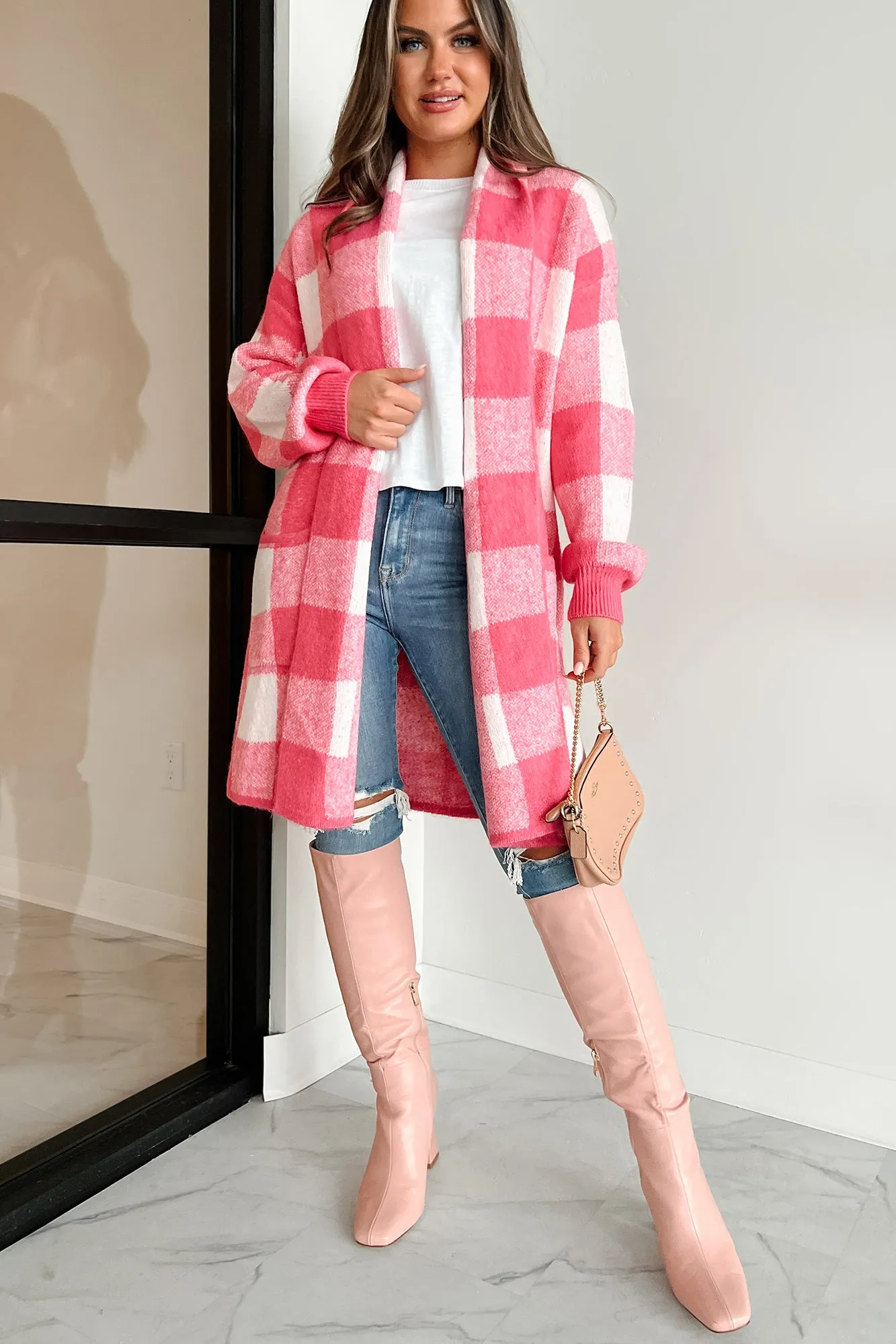 Feels Like Home Open Front Plaid Cardigan (Pink)