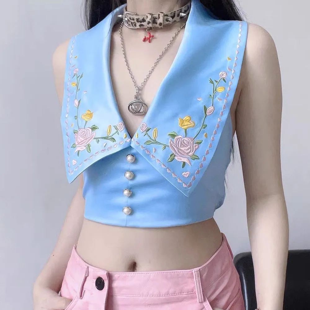 Floral Embroidered Satin Vest